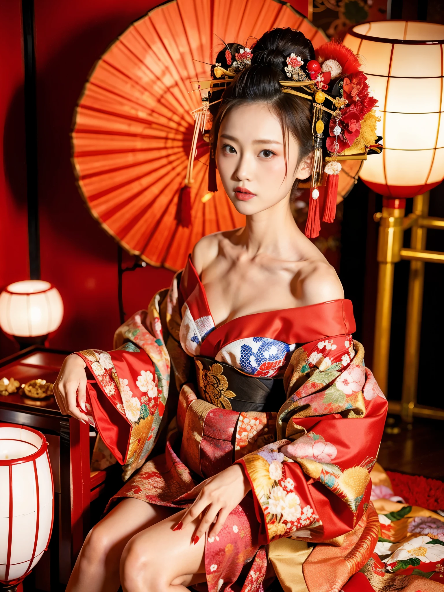 A Japanese woman in a red and white kimono sitting on a chair, Japanese Goddess, Gorgeous Japanese Model, in kimono, Beautiful Japanese Girls, red kimono, Elegant Japan Woman, Japanese, Seductive geisha, in kimono, Japanese Models, Glamorous and sexy geisha, Red floral kimono, Beautiful oriental woman, Big Breasts