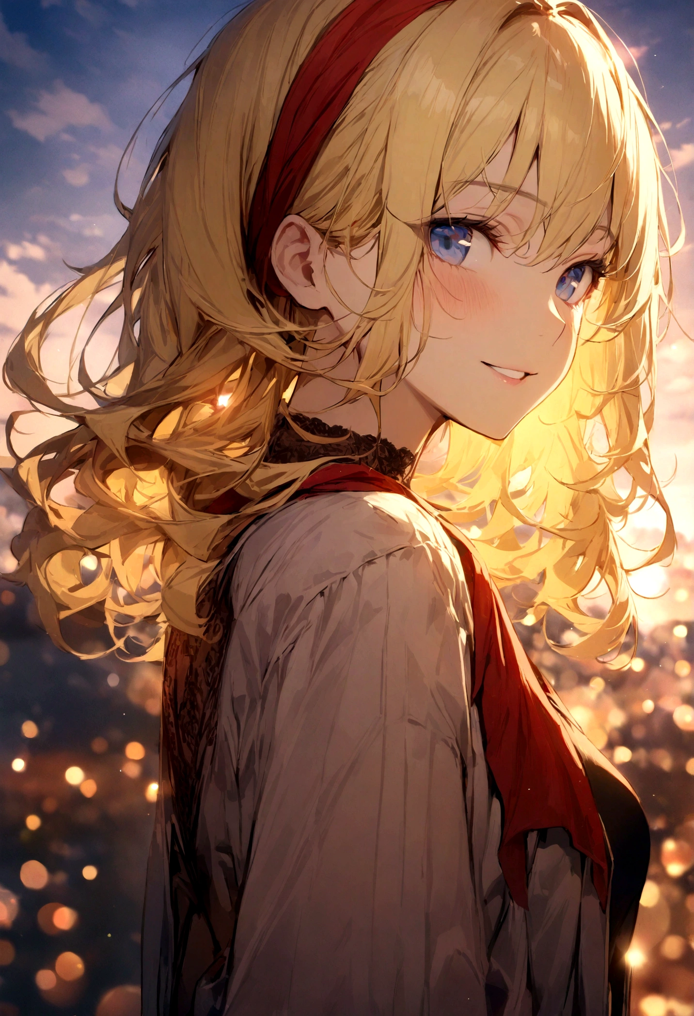 masterpiece, best quality, best quality, (Complex and meticulous:1.2), beautiful eyes, 1 Girl, Solitary, outdoor, Blue sky, cloudy, Bokeh, lens flare, anamorphic lens flare, Depth of Field, Tempting face, Charming smile, Henna_Screwed Up, Yellow hair, Red headband, 