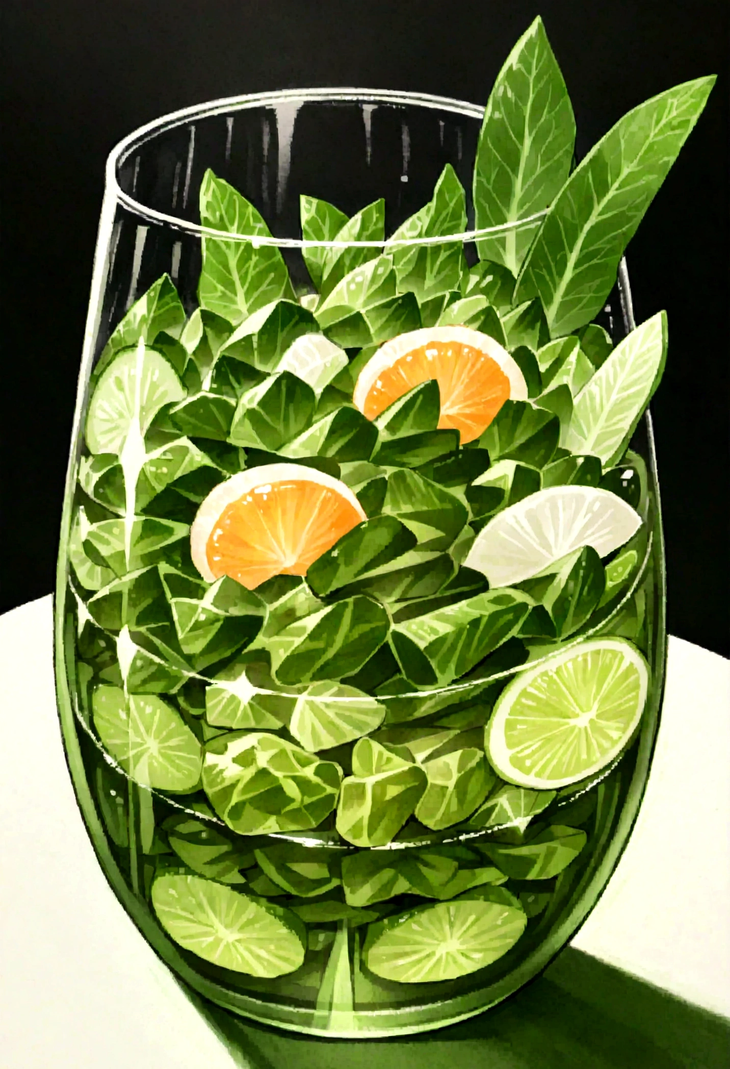 A beautifully presented single-serving green salad in a small glass. The salad features a variety of fresh green vegetables, including crisp lettuce, spinach, cucumber slices, green bell peppers, and celery. The vegetables are arranged in a visually appealing manner, showcasing their vibrant green colors and textures. The small glass adds an elegant touch to the presentation. The overall presentation is clean and sophisticated, with no people or background elements, focusing solely on the green salad.