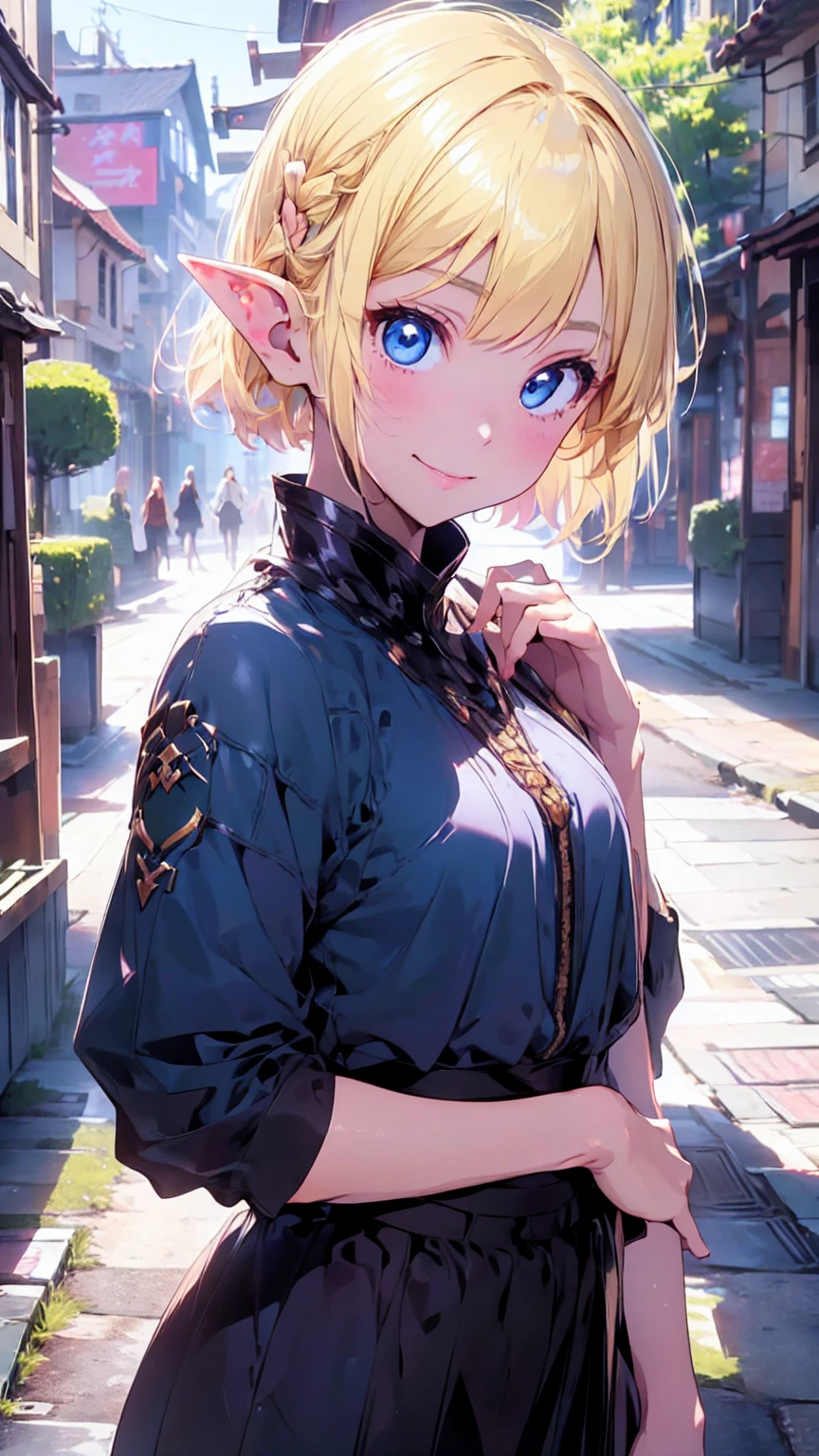 Very close、((Focus on the upper body))、16k、masterpiece、High resolution、High resolution、((1 young elven woman))、((Beautiful white skin))、((Beautiful blonde))、((Small breasts))、Bunhead、short hair、((Beautiful Blue Eyes))、((Pointed Ears))、Smiling Kindly、smile、blush、Pink Lip Gloss、Shiny skin、((Put on your armor))、((Edo period streetscape))、Courting me、((Put your hand on your cheek))