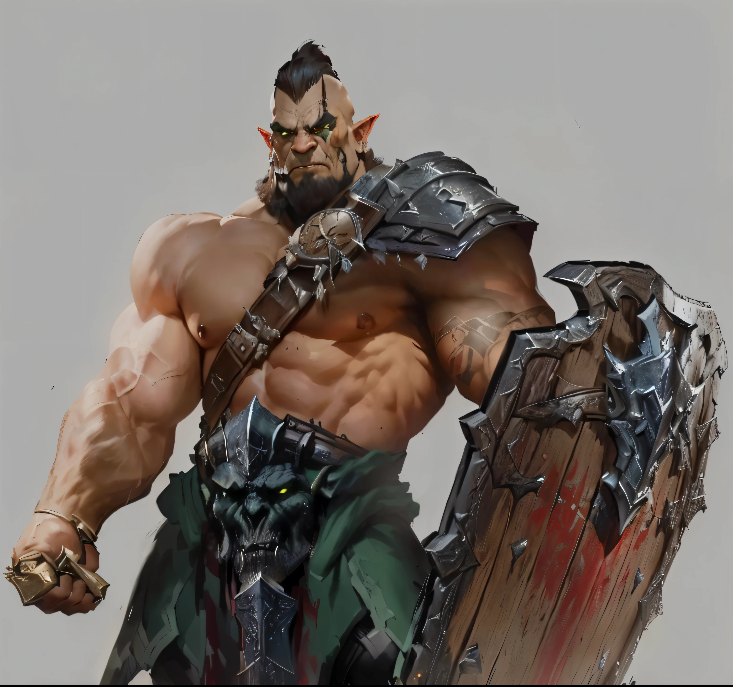 Close-up of a man holding a sword and shield, barbarian class, orc warrior, Warrior concept art, Orc concept, dnd giant character concept, Diablo concept art, menacing orc, orc, an orc, Blizzard game concept art, bald orc mechanic, Ultra-detailed fantasy characters, orc themed, Diablo digital concept art