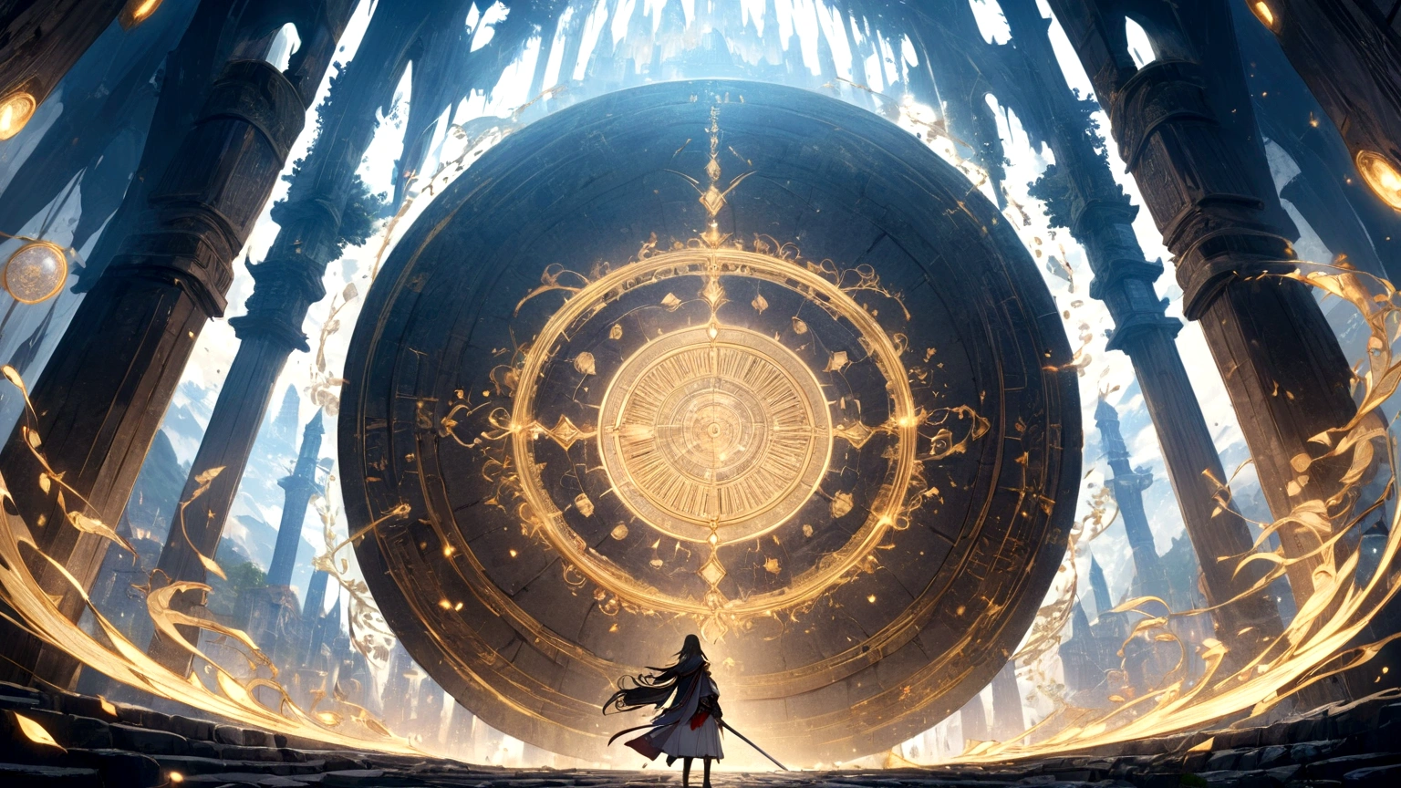 Japanese animation style、Like an illustration from a fantasy novel、Embark on an adventure、Entrance to the dungeon、Delicate line drawing、Sword and magic world fantasy、Fantastic pattern of gold thread、magic circle、Beautiful views、high resolution、Amazingly detailed depiction、4k、128k、