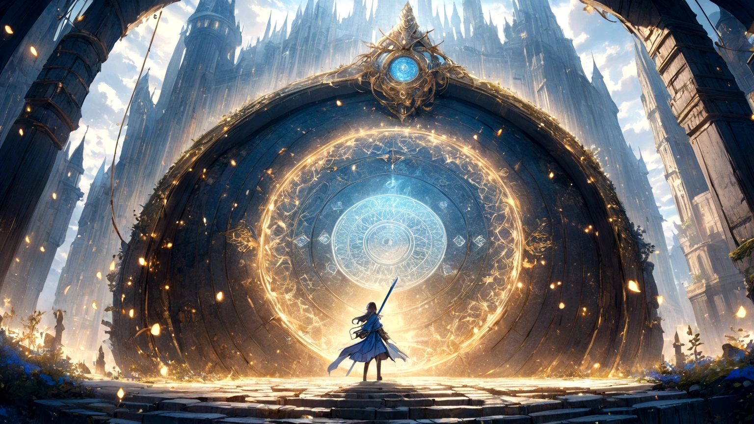 Japanese animation style、Like an illustration from a fantasy novel、Embark on an adventure、Entrance to the dungeon、Delicate line drawing、Sword and magic world fantasy、Fantastic pattern of gold thread、magic circle、Beautiful views、high resolution、Amazingly detailed depiction、4k、128k、