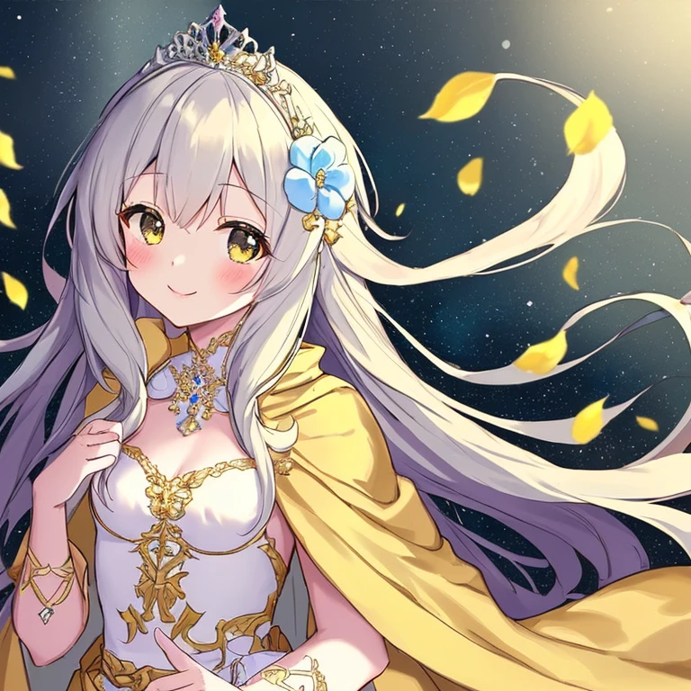 looking at viewer,(kawaii),(best quality),(ultra detailed), upper body,(rococo style),(long train pastel yellow cape:1.15), very long cape,(long train white ball gown with flower decorations:1.1), a girl is wearing a cape over her gown, 1 little princess, tiara, smile, very long hair, small breasts