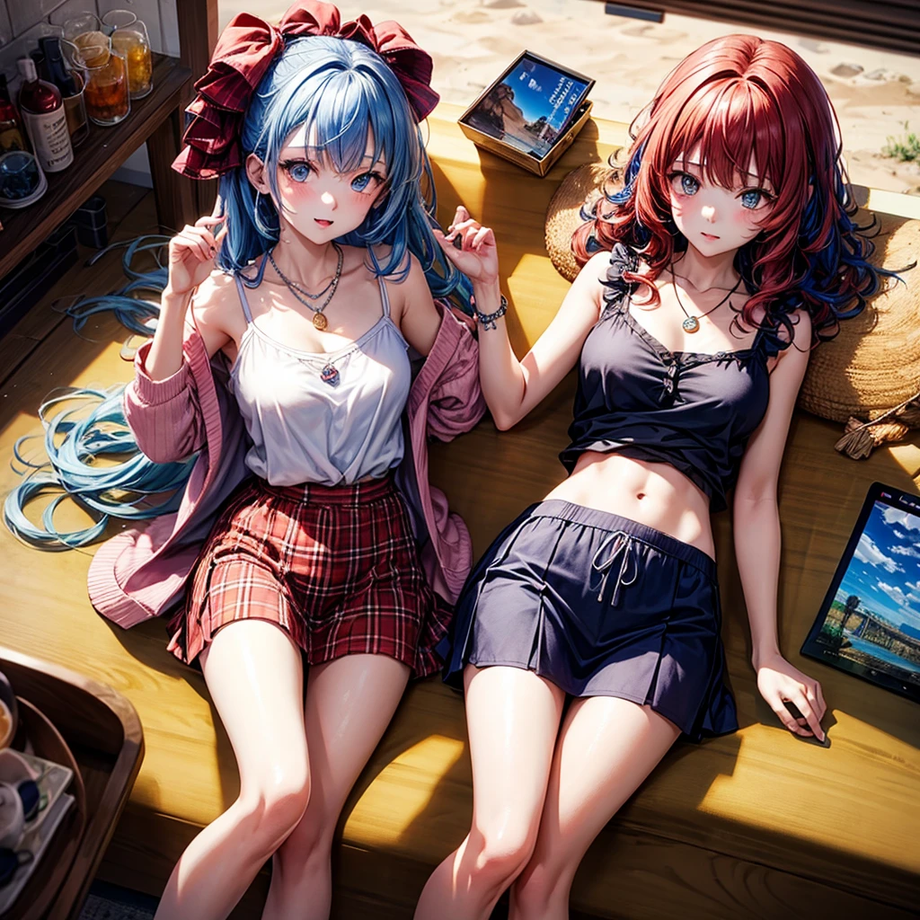 Red Blue Hair、One good looking girl、anime、Checkered mini skirt、Ruffles on the skirt、camisole、cardigan、Silver coin necklace、Desert Oasis、From above