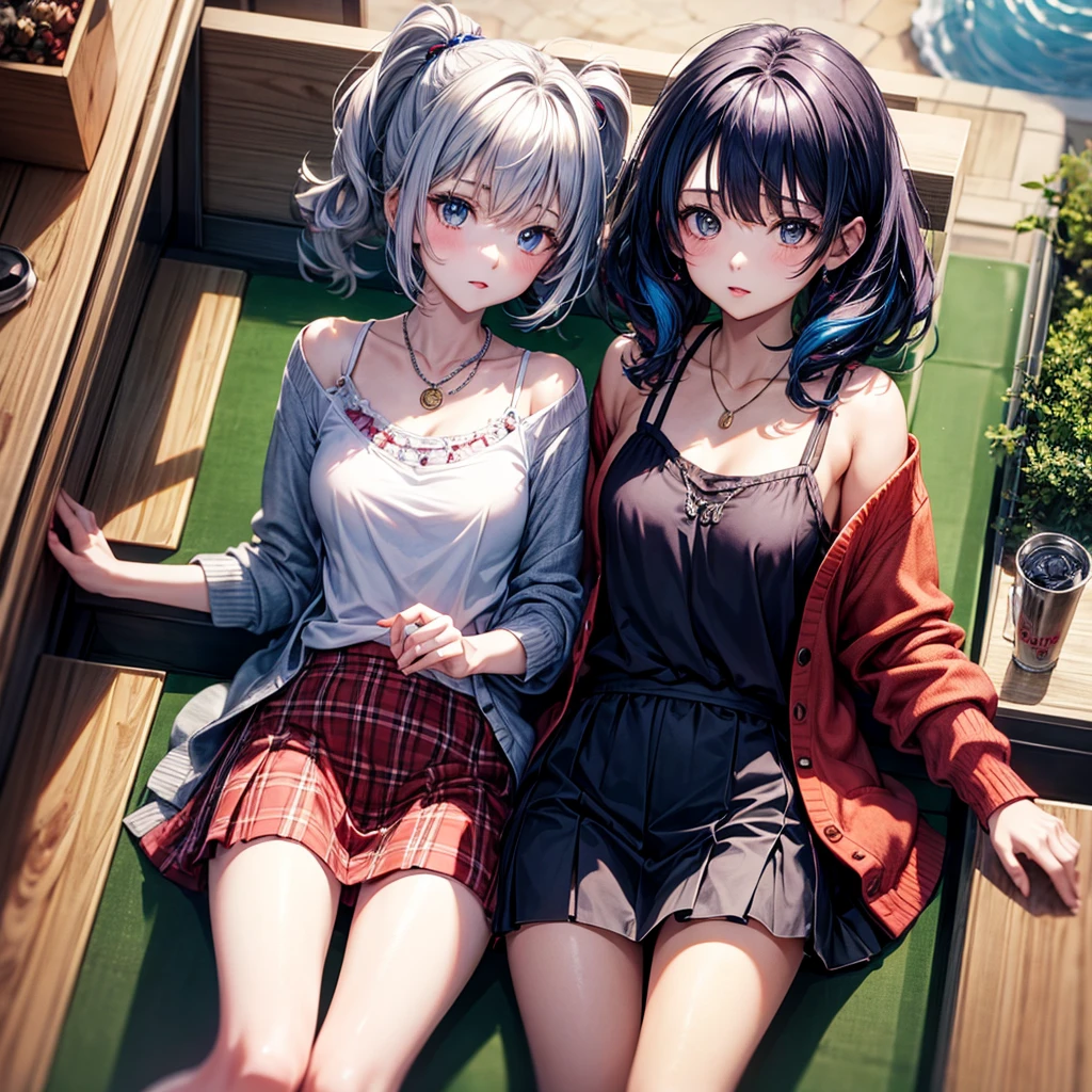 Red Blue Hair、One good looking girl、anime、Checkered mini skirt、Ruffles on the skirt、camisole、cardigan、Silver coin necklace、Desert Oasis、From above