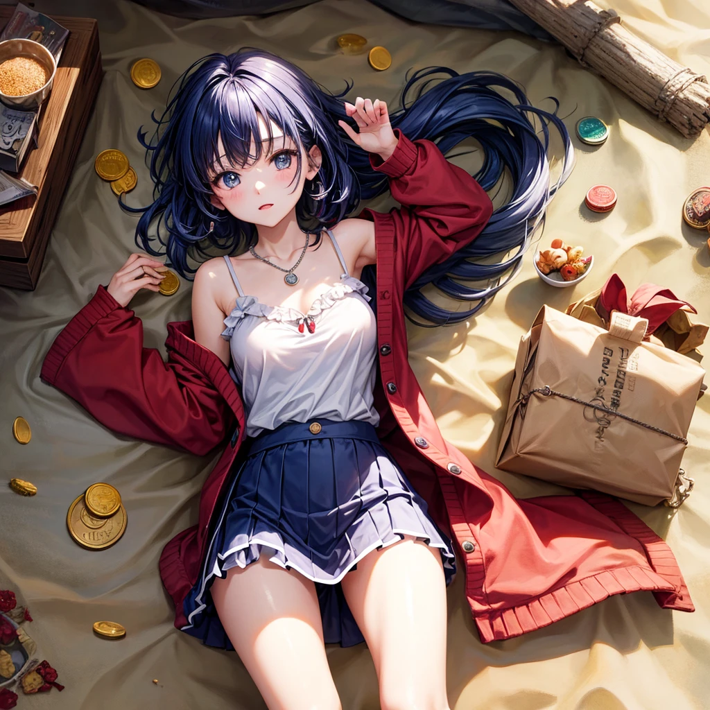 Red Blue Hair、One good looking girl、anime、Checkered mini skirt、Ruffles on the skirt、camisole、cardigan、Silver coin necklace、Desert Oasis、From above