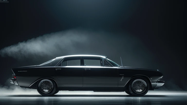 1960s luxury sedan, rear view, futuristic fantasy, epic sci-fi scene, intricate detailed design, glossy metallic body, glistening chrome accents, dramatic lighting, moody atmosphere, cinematic composition, photorealistic rendering, masterpiece, (best quality,8k,highres,masterpiece:1.2),ultra-detailed,(realistic,photorealistic,photo-realistic:1.37),cinematic lighting,dramatic shadows,volumetric fog,glowing energy field,gleaming chrome,aerodynamic body,intricate details,sleek and stylish