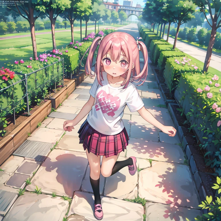 super high quality, masterpiece, anime, 2D, animeーション, Knee socks, girl, Pink hair and pink eyes, Casual clothing, skirt, T-Shirts, Blushed, garden, 