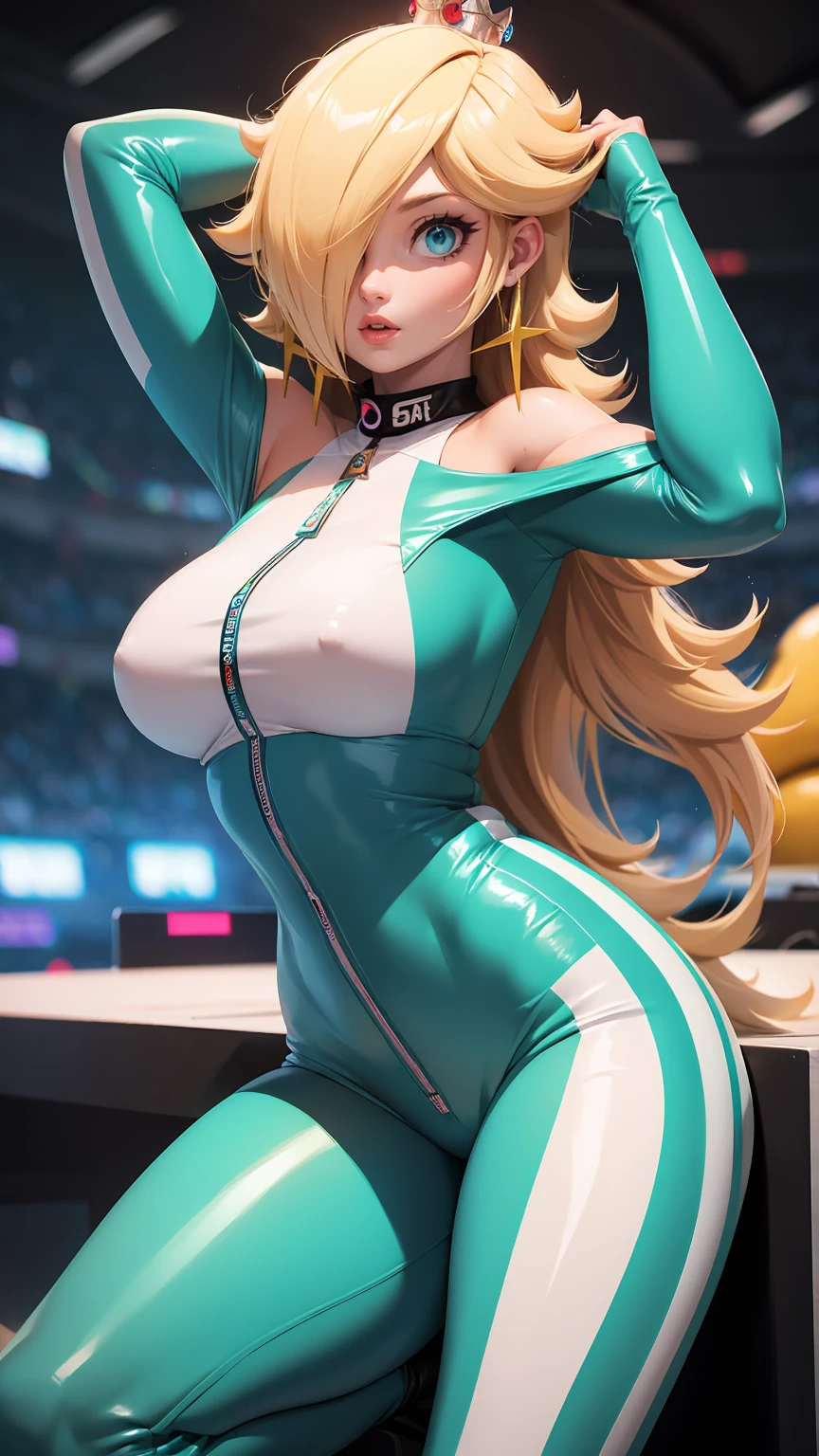(best quality). (Ultra Detalhado). (1girl), Olhando para o Viewer. (Antecedentes detalhados). belos olhos detalhados. rosto delicado e bonito. (high saturation),  grandes, droopy breassexy racing fit))), big breasts, in off shoulders, very pressed boobs 