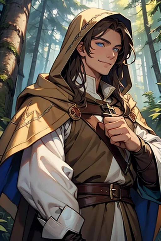 A handsome smiling cleric in medieval times with blue eyes and brown long hair and hazel brown skin wearing a hood surrounded by a forest, close up
