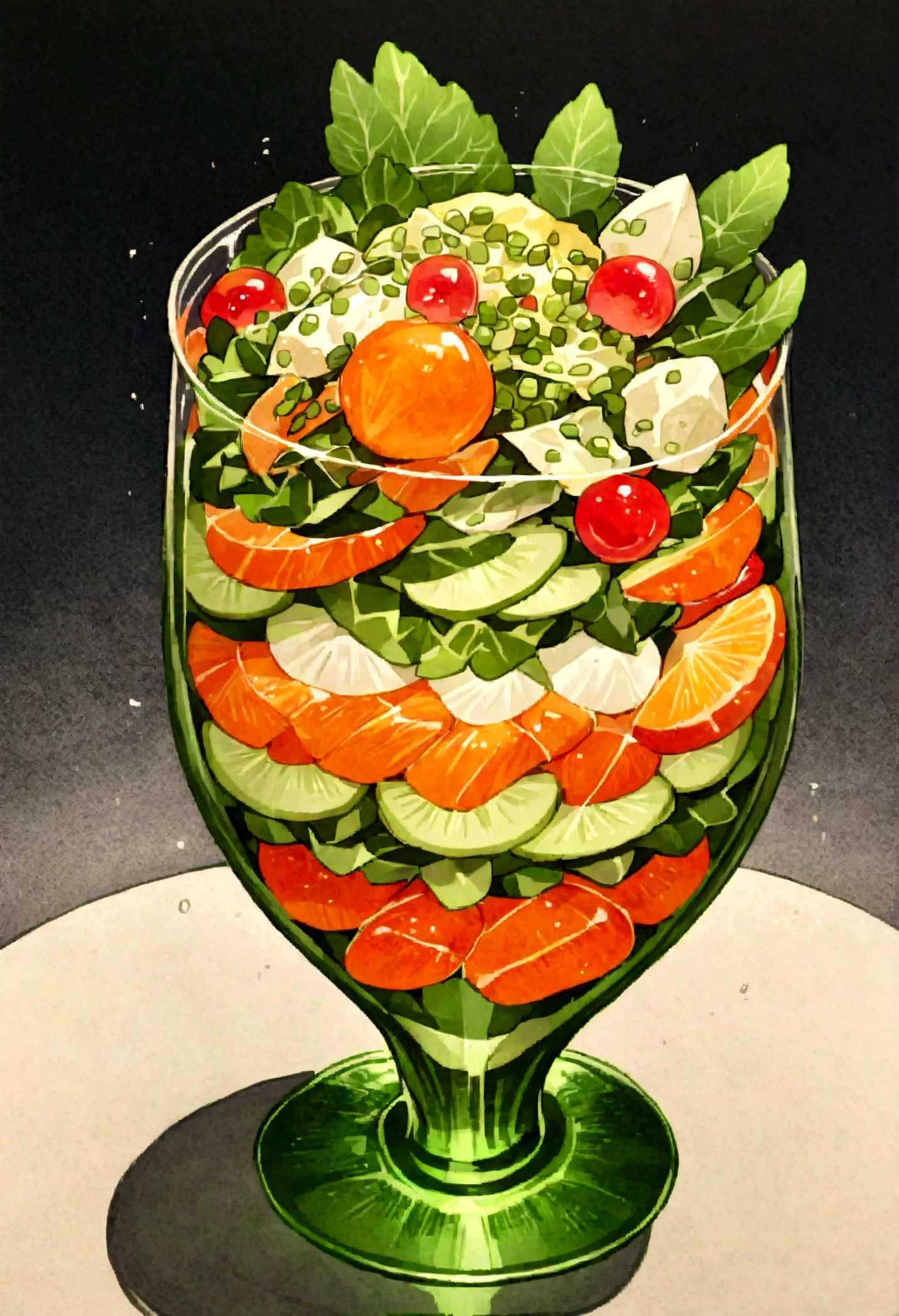 A beautifully presented single-serving salad in a small glass. The salad features a variety of fresh vegetables, including crisp lettuce, cherry tomatoes, cucumber slices, bell peppers, and shredded carrots. The vegetables are arranged in a visually appealing manner, showcasing their vibrant colors and textures. The small glass adds an elegant touch to the presentation. The overall presentation is clean and sophisticated, with no people or background elements, focusing solely on the salad