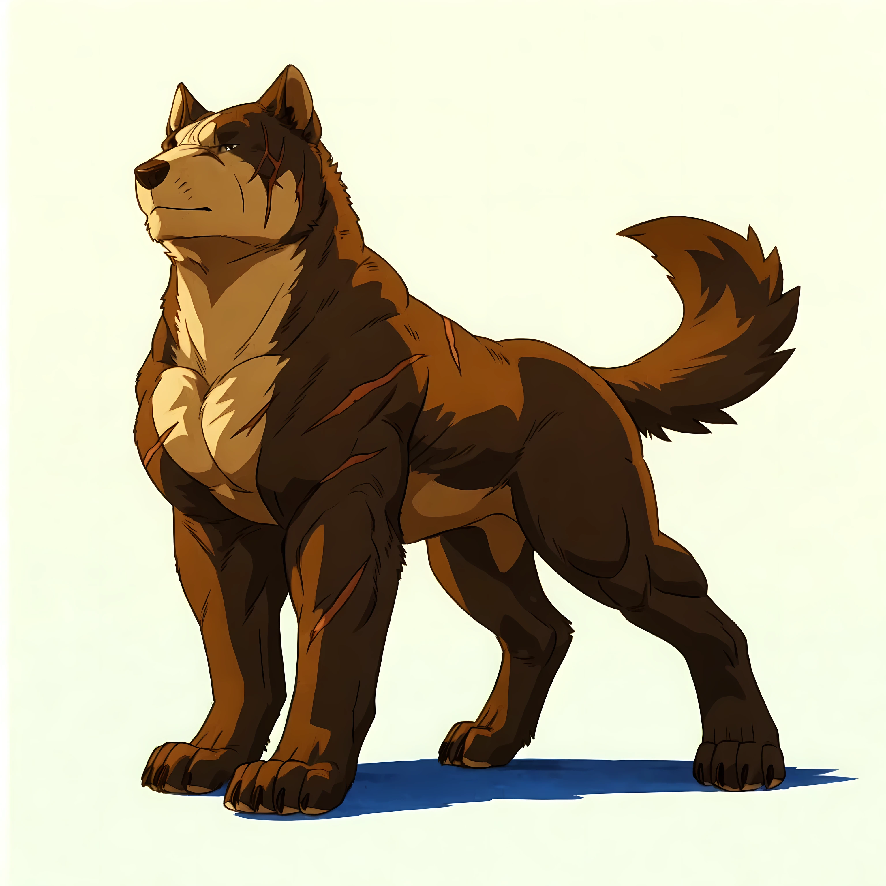 riki, brown fur, scars, male, masculine, feral:1.1, quadruped, full body, (muscular forelegs, muscular neck, muscular shoulders, muscular hindlegs, muscular feral):1.5, pectorals:1.1, biceps paws, detailed, high quality, best resolution, solo, posing, (no background, white background):1.5, shadow on ground, tail, by wfa, by seibear, by rossciaco, by taran fiddler, by echin:0.5, cel shaded, proud, majestic, mwvector