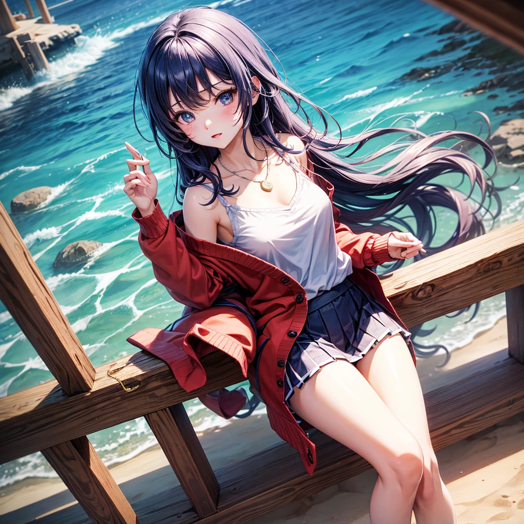 Red Blue Hair、One good looking girl、anime、Checkered mini skirt、Ruffles on the skirt、camisole、cardigan、Silver coin necklace、Desert Oasis、From above
