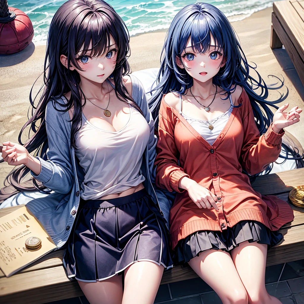 Red Blue Hair、One good looking girl、anime、Checkered mini skirt、Ruffles on the skirt、camisole、cardigan、Silver coin necklace、Desert Oasis、From above