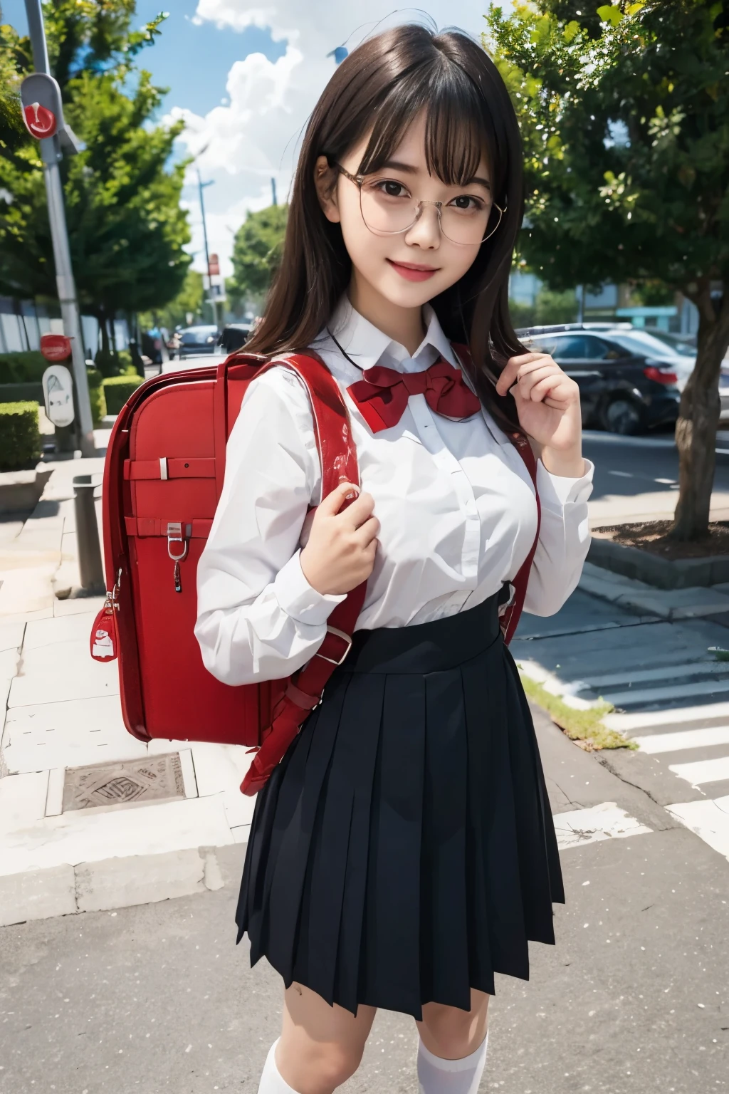 Masterpiece, hd, outdoor, 1girl, high school girl, medium hair, dark hair, medium breasts, school_uniform, wearing glasses, smile, opened mouth, white collared shirt, red bowtie, red pleated skirt, wearing red backpack, white socks, black shoes, standing, fullbody
