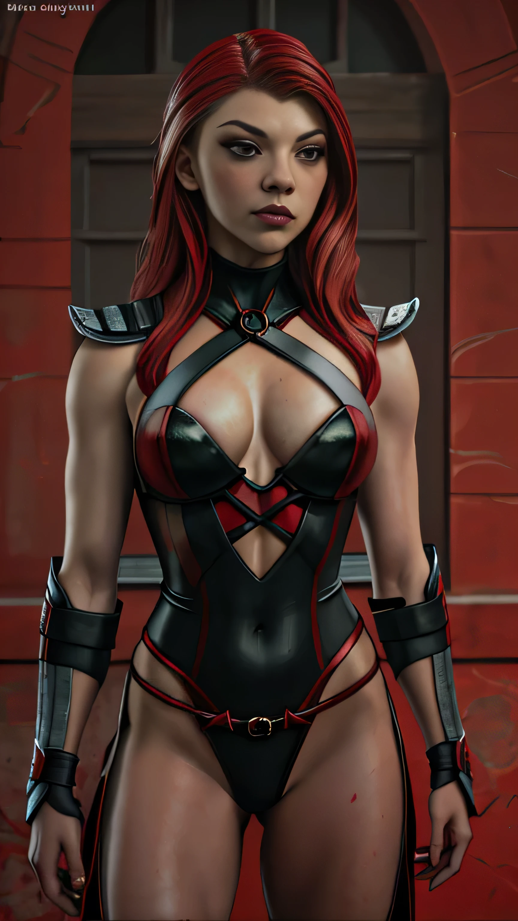 (Natalie Dormer) as Skarlet from Mortal Kombat, assasin, red eyes, red single hair tail, shouler pads, red bodysuit, pelvic curtain, red high knee boots on heels, gauntlets, bandages, knife blades, blood splatters on skin, standing, dungeon, 1woman, solo, full body view, front view, looking at viewer, intricate, high detail, sharp focus, dramatic, photorealistic painting art by greg rutkowski