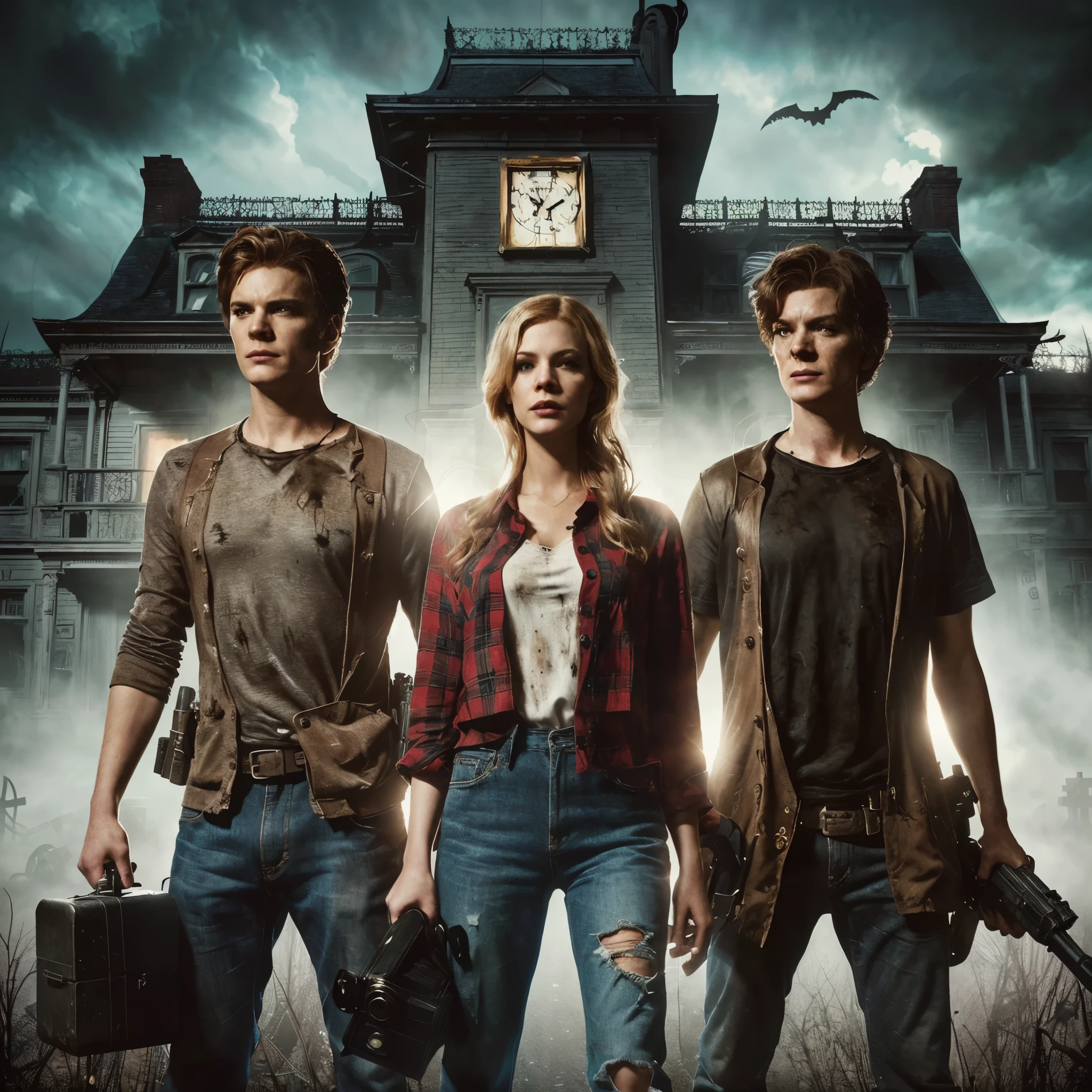 a poster for the movie's third season of the series, the house with the clock tower, movie promotional image, promotional art, horror style, official poster, digital horror artwork, horror film, modern supernatural urban horror, stylized urban fantasy artwork, horror movie, movie artwork, horror setting, photorealistic horror, background artwork, haunted house themed, promotional image, action horror