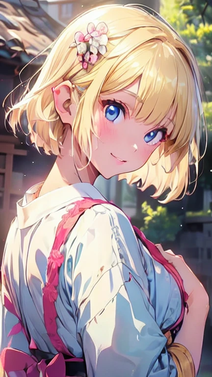Very close、((Focus on the upper body))、16k、masterpiece、High resolution、High resolution、Samurai、((ung elven woman))、((Beautiful white skin))、((Beautiful blonde))、((Small breasts))、Bunhead、short hair、((Beautiful Blue Eyes))、((Pointed Ears))、Smiling Kindly、smile、blush、Pink Lip Gloss、Shiny skin、((Samuraiの鎧を着る))、((Japanese Castle))、Courting me、((Put your hand on your cheek))