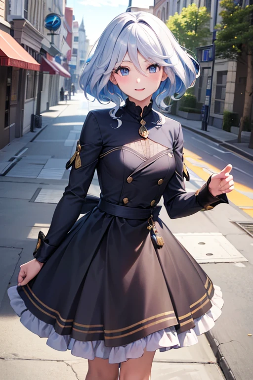 (highest quality,4K,High resolution,masterpiece:1.2),Super detailed,Beautiful fine details, Teenage body,Expression of joy,Furina character, 16-year-old teenager, Happy expression,Walking the Streets, Shiny Hair,Frina