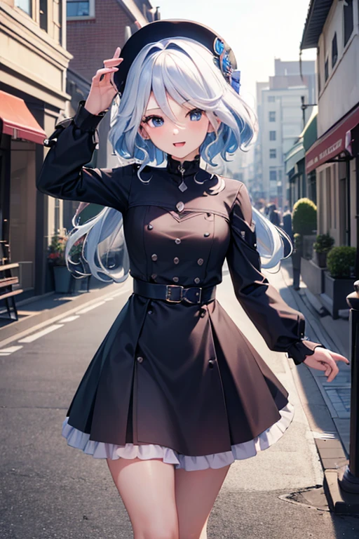 (highest quality,4K,High resolution,masterpiece:1.2),Super detailed,Beautiful fine details, Teenage body,Expression of joy,Furina character, 16-year-old teenager, Happy expression,Walking the Streets, Shiny Hair,Frina