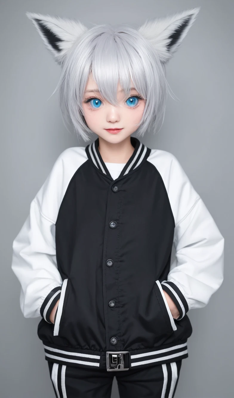   drawing cartoon blue sweatshirt white hair white background cat ear 