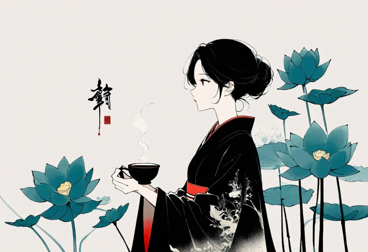 (大量留white:1.5),white, white色背景, simple, Minimalism, abstract,Freehand,Aesthetic,黑与white,Ink Painting,antiquity,Lotus,Girl drinking tea