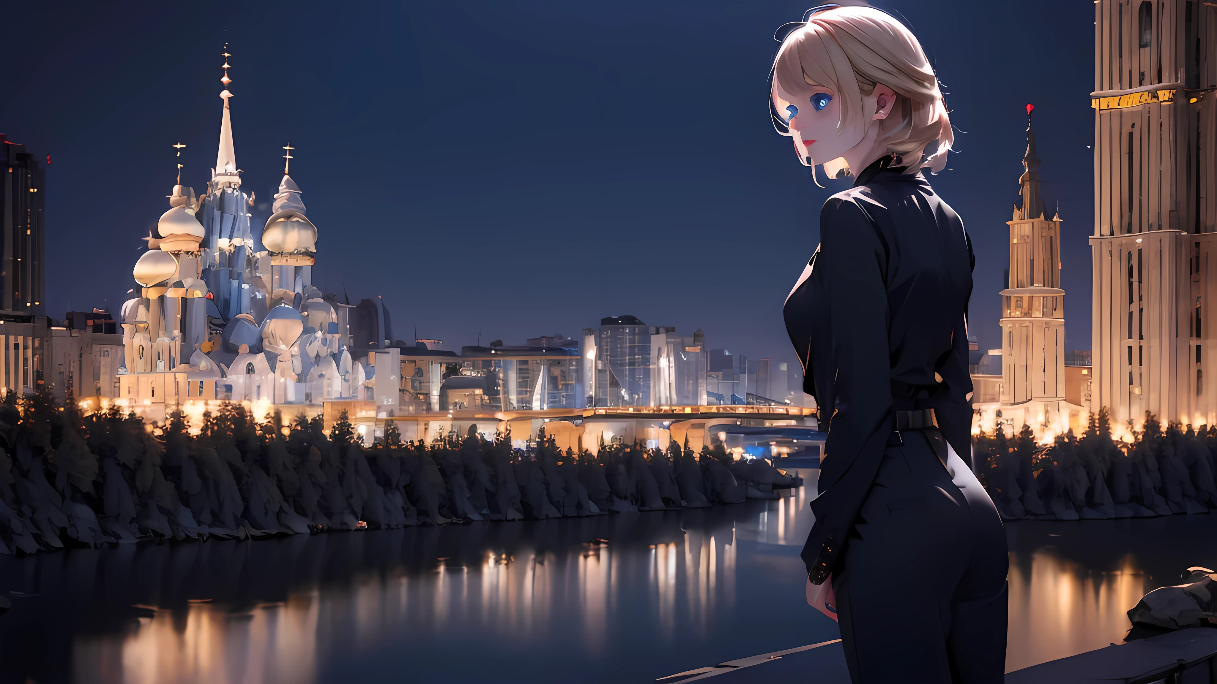1 girl, medium light gold hair, light blue eyes, wearing black suit , night city, absurdres , high res, ultrasharp, 8K, masterpiece, looking from behind