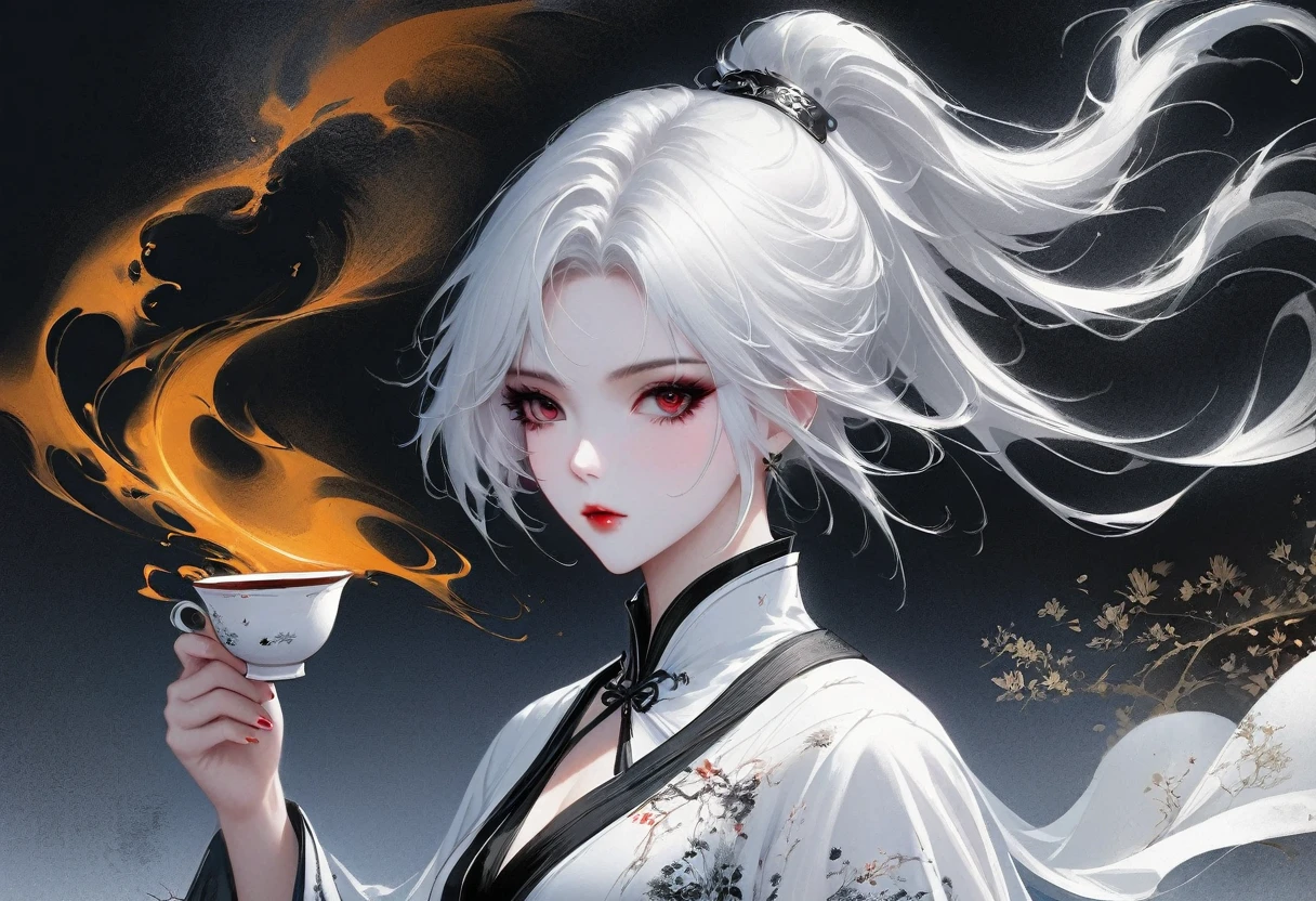 (Lots of white space:1.5),(Lots of white space around:1.6), White background, simple, Minimalism, abstract,Freehand,Aesthetic,black and white,Ink Painting,antiquity,Lotus,Girl drinking tea,一幅abstract的艺术插图, author:Li Song, Arte no estilo de guweiz, arte shin jinyoung, Obra-prima de guweiz, Ross chart 1. 0, Beautiful digital illustrations, Inspired by non-WLOP, simple數位藝術, jingna zhang, guweiz, Stunning digital illustrations