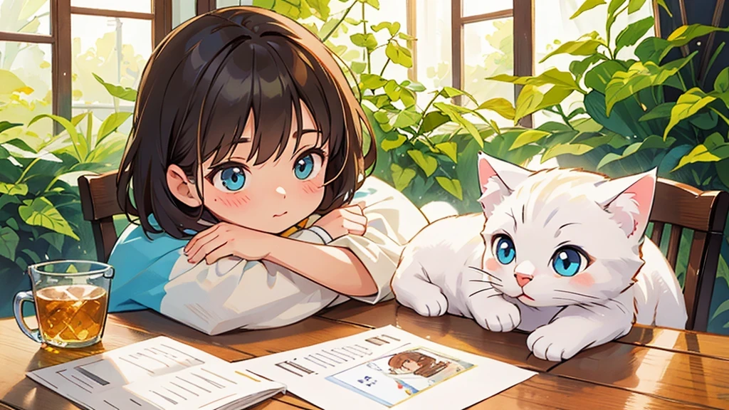 A fluffy white kitten sitting on a table, watching a young girl saving money, detailed portrait, high detail, realistic, photorealistic, detailed cat fur, expressive eyes, vibrant colors, natural lighting, warm tones, intricate details, masterpiece