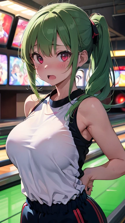 mastute piece,Best Quality,insanely detailed,8k cg,nsfw,
(shoot upper body:1.3),
(1girls:1.3),standing,looking at viewr,body in front,both arms behind back,(Pro Bowler、bowling uniform),(bare breasts:1.2),
break,
blush,shy,(ecstasy face),(trembling:1.2),break,(light green hair),
break,
perfect breasts,perfect teats,(open mouth:0.9),(large breasts:1.3),
(bowling alley)、