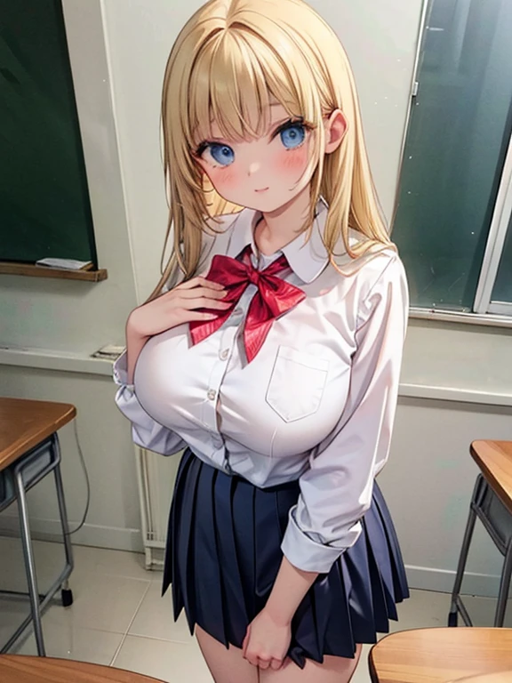 masterpiece, highest quality, Very detailed, 16k, Ultra-high resolution, 18-year-old female, Detailed face, Perfect Fingers, Anatomically correct, blue eyes, Blonde, Long Hair, natural breasts, Super big boobs, jcf, shirt, skirt, classroom, Chest close up