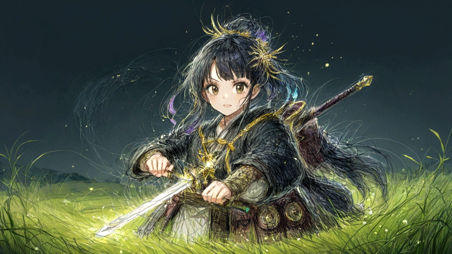 Japanese animation style、Like an illustration from a fantasy novel、Embark on an adventure、Grassland Dungeon Entrance、Delicate line drawing、Sword and magic world fantasy、Fantastic pattern of gold thread、magic circle、Beautiful views、high resolution、Amazingly detailed depiction、4k、128k、