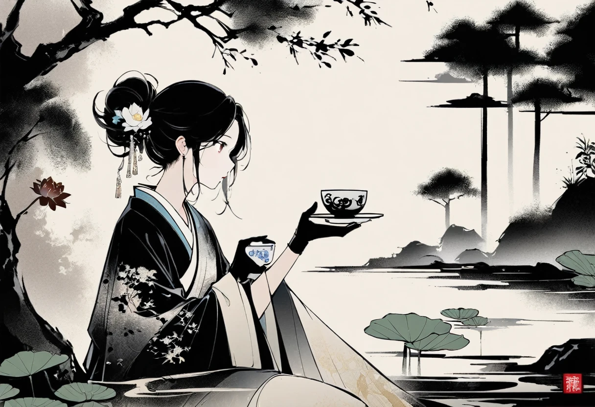 (大量留white:1.5),white, white色背景, simple, Minimalism, abstract,Freehand,Aesthetic,黑与white,Ink Painting,antiquity,Lotus,Girl drinking tea