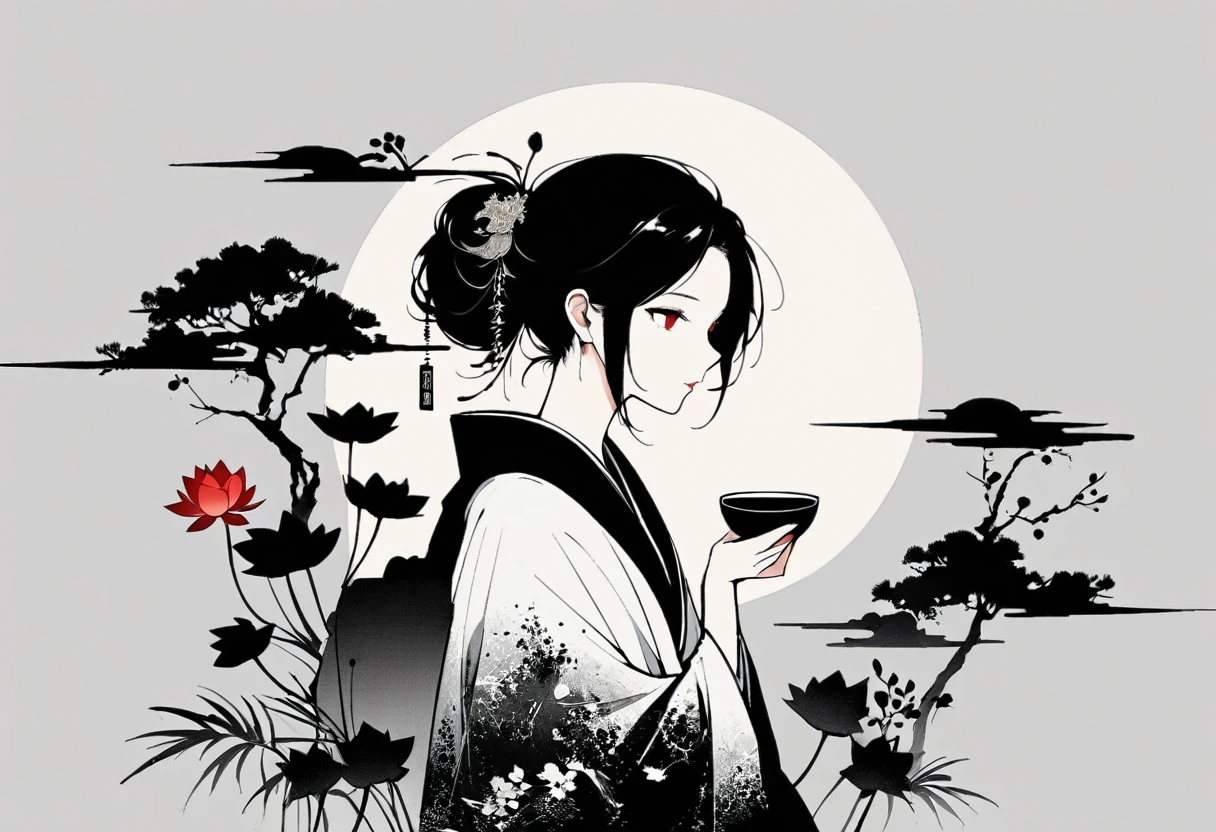 (大量留white:1.5),white, white色背景, simple, Minimalism, abstract,Freehand,Aesthetic,黑与white,Ink Painting,antiquity,Lotus,Girl drinking tea
