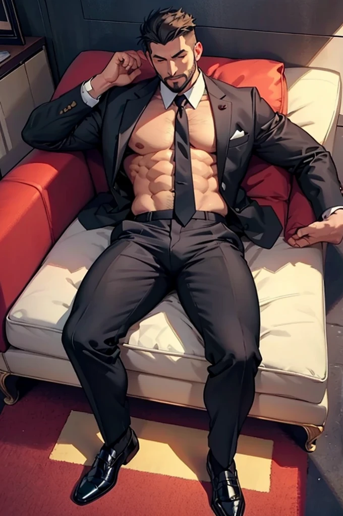 5-people, whole body, Flat beard, Drunk sleeping on the sofa, Legs open, Suit and Tie, Big bulge, Shirt open to show_, Show off your chest and abdominal muscles, Pants half pulled down,Show sexy_Red_, Dream, Big, Big bulge, Black translucent socks