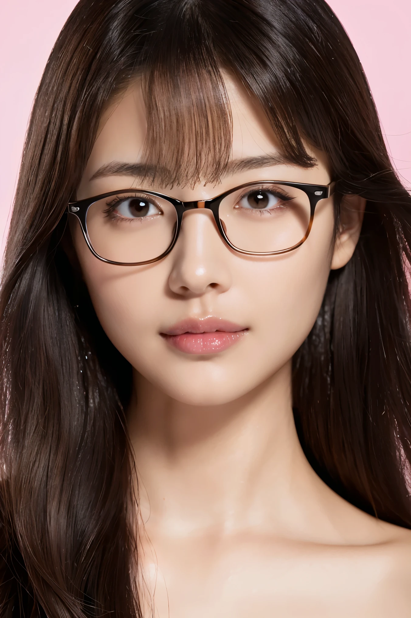 (highest quality、Tabletop、8k、Best image quality、Award-winning works)、One beautiful woman、Age 25、Perfect beautiful composition、(Very long hair:1.1)、(Classy glasses:1.1)、look at me、Perfect Makeup、Fascinating、Overflowing with sexiness、Lustrous and bright lips、Accurate anatomy、(Face close-up:1.3)、nude、Ultra-high definition beauty face、Ultra HD Hair、Ultra-high quality moisturizing eyes、(Ultra-high resolution glossy skin:1.1)、Ultra-high quality glossy lips、(Light pink solid background:1.1)