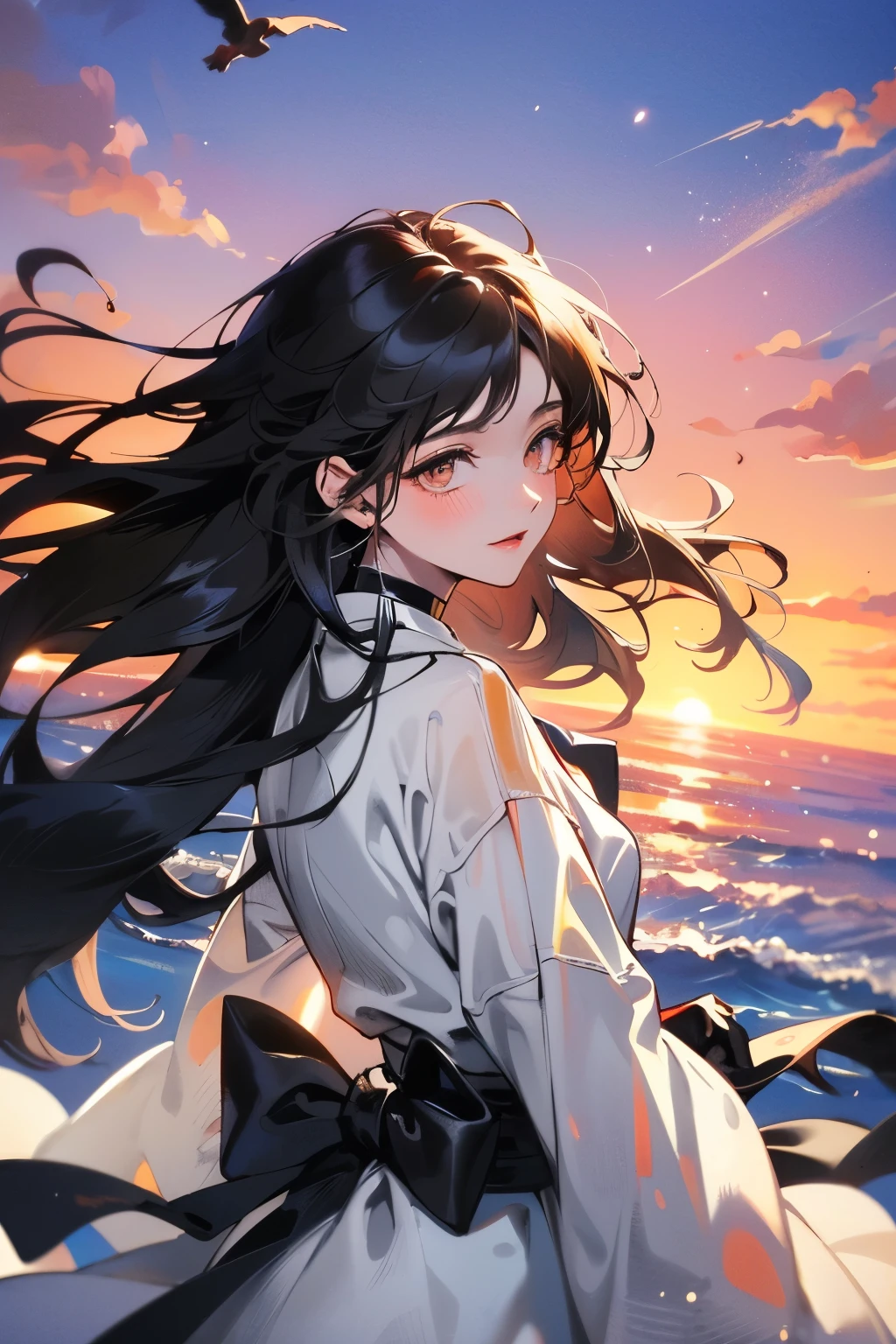 ((best quality)), ((masterpiece)), (detailed), A girl with long black hair,Standing alone in a huge square,The wind blows her long hair noisily,Next to her is a flock of pigeons flying in the wind,Sunset