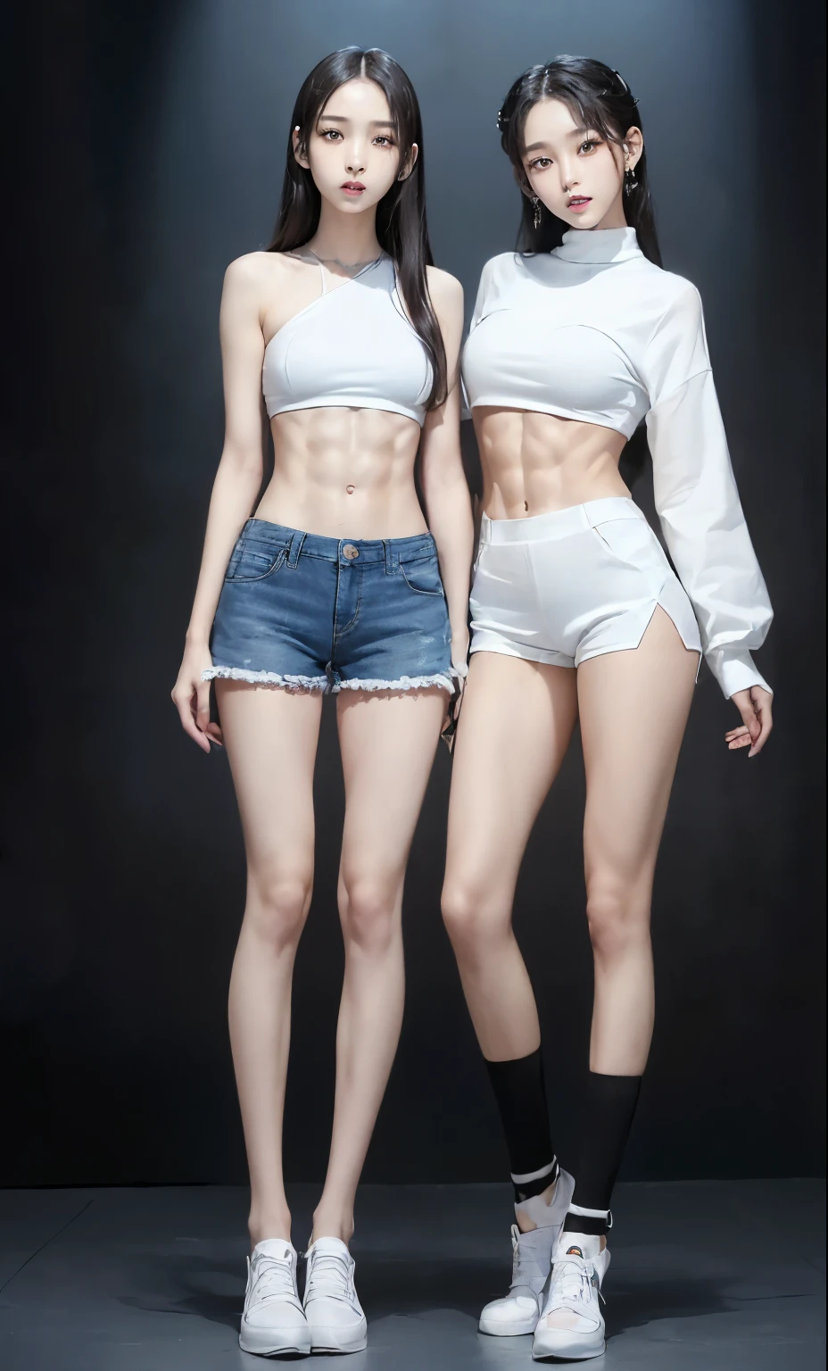 (8k、Raw photo、最high quality、masterpiece:1.5),((((Both of them stand with their legs apart:1.9)))),(((Both of them have an inseam that is more than half their height.:1.6))),((Both of them have bare legs.:1.3)),((Both of them are extremely slim:1.2)),((((Both girls look just like WONYOUNG from the K-pop group IVE.:1.9)))),((Both of them have very long, slender legs.:1.6)),((Both are 173cm tall:1.4)),((Perfect k-pop IVE WONYOUNG style duo:1.3)),(((((Both of them take full body shots:1.8))))),(((Both of you should face your whole body straight ahead.:1.8))),((Photographed from below to show the whole body of the legs so that they look longer.:1.6)),Skin irregularities are reproduced in minute detail:1.4, (Super thin waist: 1.2), Thin buttocks,Open the navel,1Detailed reproduction of the navel,(完璧なSuper thin thighs),(both of them are the same height:1.3),(((Both of them have amazingly slim figures.))),((Both of them are wearing super micro mini shorts.:1.4)),((Both are )),(((Both of them are extremely exposed.:1.5))),((Both of them have super-strong abs:1.9)),(Both of them are wearing short, see-through white camisoles.:1.4),(Big but no bra),(((Both of their erect nipples are visible through the fabric.))),(Both of them are covered in sweat),Highly detailed face and skin texture,(Both of you stand with your legs straight and without bending your knees.:1.3),(They're both the same height:1.3),((Both of them look just like WONYOUNG from the K-pop idol IVE.:1.8)), ((((Sunny afternoon:1.3)))),((((Standing on the sidewalk in front of a stylish, upscale restaurant on a sunny day:1.5)))),Both are fair-skinned Asians,,Both of them have beautiful eyes,,Both of them have beautiful eyes,,Both of them have beautiful noses, which are realistically reproduced.,Both of them realistically reproduce the areas around the eyes.,Both have beautiful mouths,They both have beautiful fingers,nail,Both of them have beautiful faces.,Both of their beautiful faces are realistically reproduced.,(Ultra-Realistic Details), Natural Shadows,(Very small hips:1.3),Large firm breasts, Super long thighs,(Super thin thighs),(Super slim calves),((Small Ass)),(Both of them have the slender bodies of well-trained track and field athletes.:1.5),(Super muscular body:1.5),Super toned waist,(Super thin waist:1.3),((White high heels)),lengthen limbs,(Shooting the whole body from calf height:1.5),(Both of them have slim, toned ankles.:1.2),(((Wide open abdomen:1.5))),Hands on hips,Both of them face forward,The crotch area is clearly reproduced in detail.,Super long arms,Thin hands,Bare knees,Bare thighs,Bare calves,(Black hair ponytail),((Both of them stand up straight.)),(Keep your hips facing forward:1.5),2人とも8頭身スタイルBeauty,Very thin ankles,The arms are very slender and muscular,The legs are super slender and muscular,Make your arms thinner,Thighs with beautiful skin,Beautiful skin on the calves,Super slim and muscular legs,Both of them have super long legs.,Each toe is accurately reproduced,The middle of the thighs are very thin,(Super muscular and extremely slim calves),(Super muscular and slim thighs),(Very tight waist:1.2),((Both of them have an inseam that is more than half their height.の美脚:1.5)),Extremely thin thighs,Beauty,Fine skin,Firm skin,(((Both of them should fit from the top of their heads to the toes of their heels.:1.5))),(((Both of their beautiful legs are faithfully reproduced down to the smallest detail.))),(Both of them have super muscular bodies and slender legs that are realistically reproduced.:1.2),(Realistic reproduction of toned, slender legs down to the last detail:1.2),((Dazzling Midsummer)),Front lighting,A little overexposed, Super detailed, High detail, high quality, Awards,High resolution,(((Anatomically correct:1.5)))