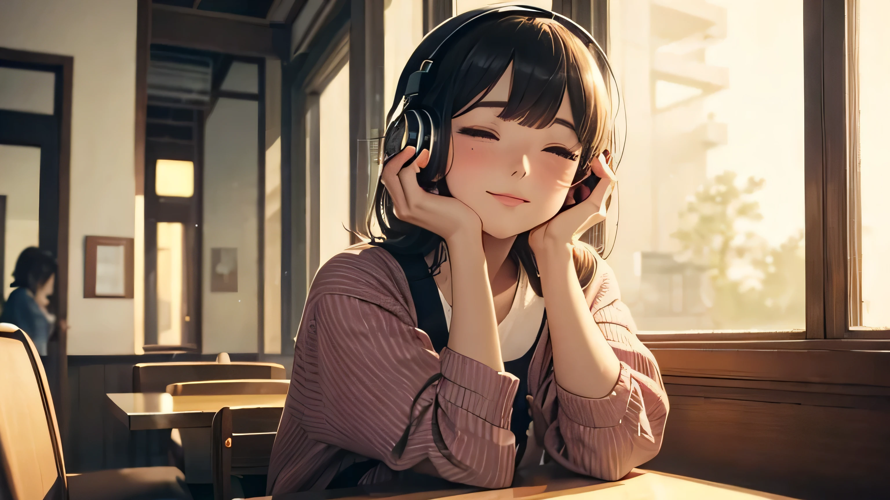 Lo-fi Masterpiece, Retro-inspired Image Quality, Low Resolution Aesthetic, Vintage ambiance, 5K resolution, Sketch-style facial features, Detailed eyes with thick eyelashes, Natural-looking skin tone, Rosy cheeks, Glossy lips, Subtle blush, Neatly dressed in a Japanese anime-inspired outfit, Minimalistic cafe setting, Dimly lit room, Simple cafe furniture, Lo-fi music playing softly in the background, A neat girl sitting with her headphones on, listening intensely to the music, Eyes closed in concentration, Leaning slightly forward, Smiling subtly, Relaxed posture, S