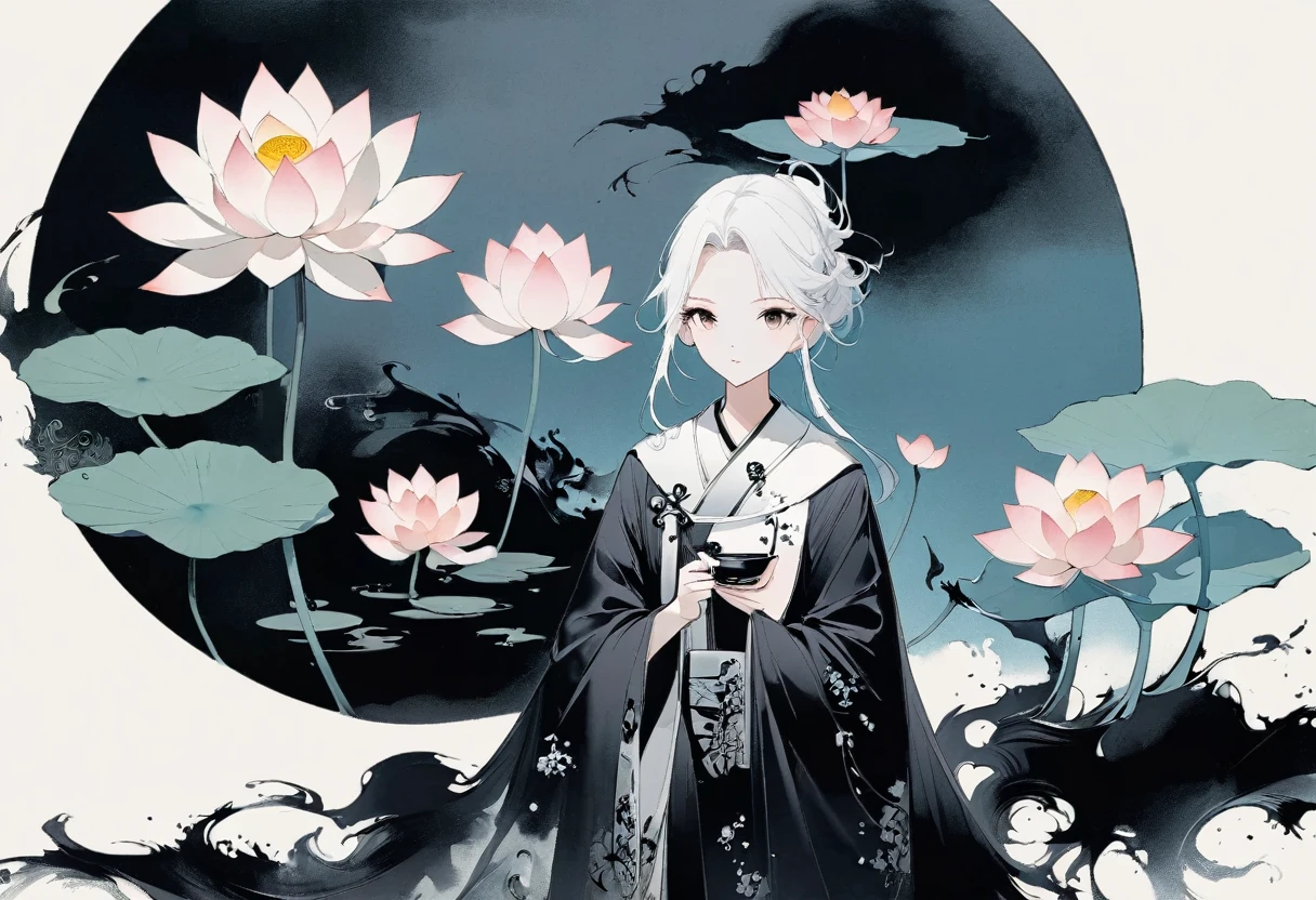 (大量留white:1.5),white, white色背景, simple, Minimalism, abstract,Freehand,Aesthetic,黑与white,Ink Painting,antiquity,Lotus,Girl drinking tea