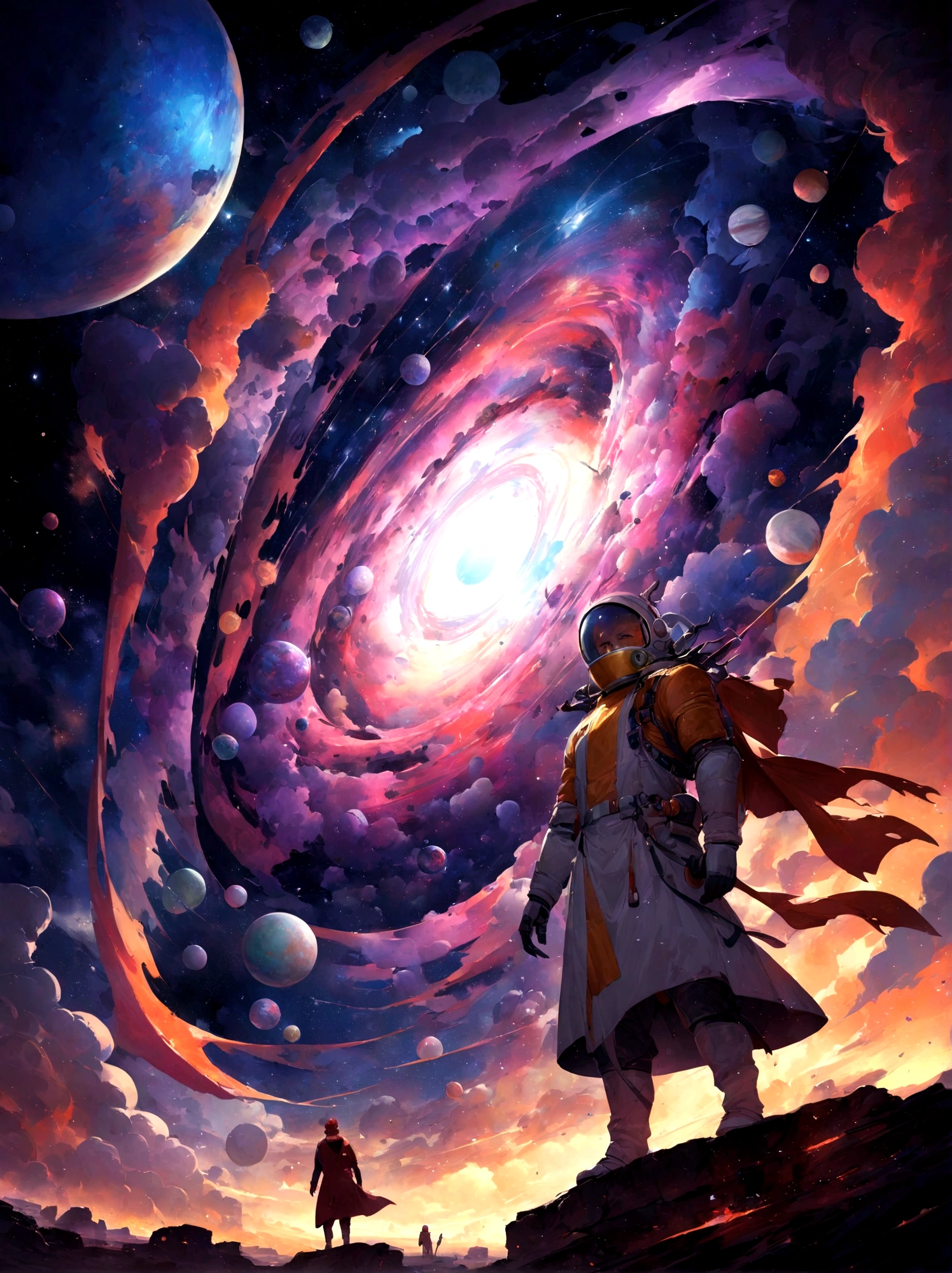 Man in costume'Astronaut standing on a rock looking at the galaxy, Greg Beeple, The endless universe in the background, Inspired by Cyril Rolland, Just Bartell, Head'Work of'Art Gem and Beeple, Cyril Rolland and M. W Karuta, Cyril Rolland and M.W Karuta, Beeple and Jeremy Kettner