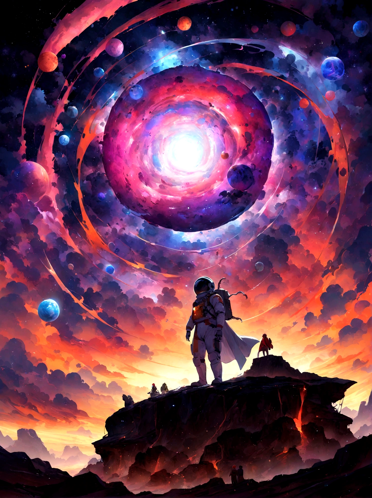 Man in costume&#39;Astronaut standing on a rock looking at the galaxy, Greg Beeple, The endless universe in the background, Inspired by Cyril Rolland, Just Bartell, Head&#39;Work of&#39;Art Gem and Beeple, Cyril Rolland and M. W Karuta, Cyril Rolland and M.W Karuta, Beeple and Jeremy Kettner