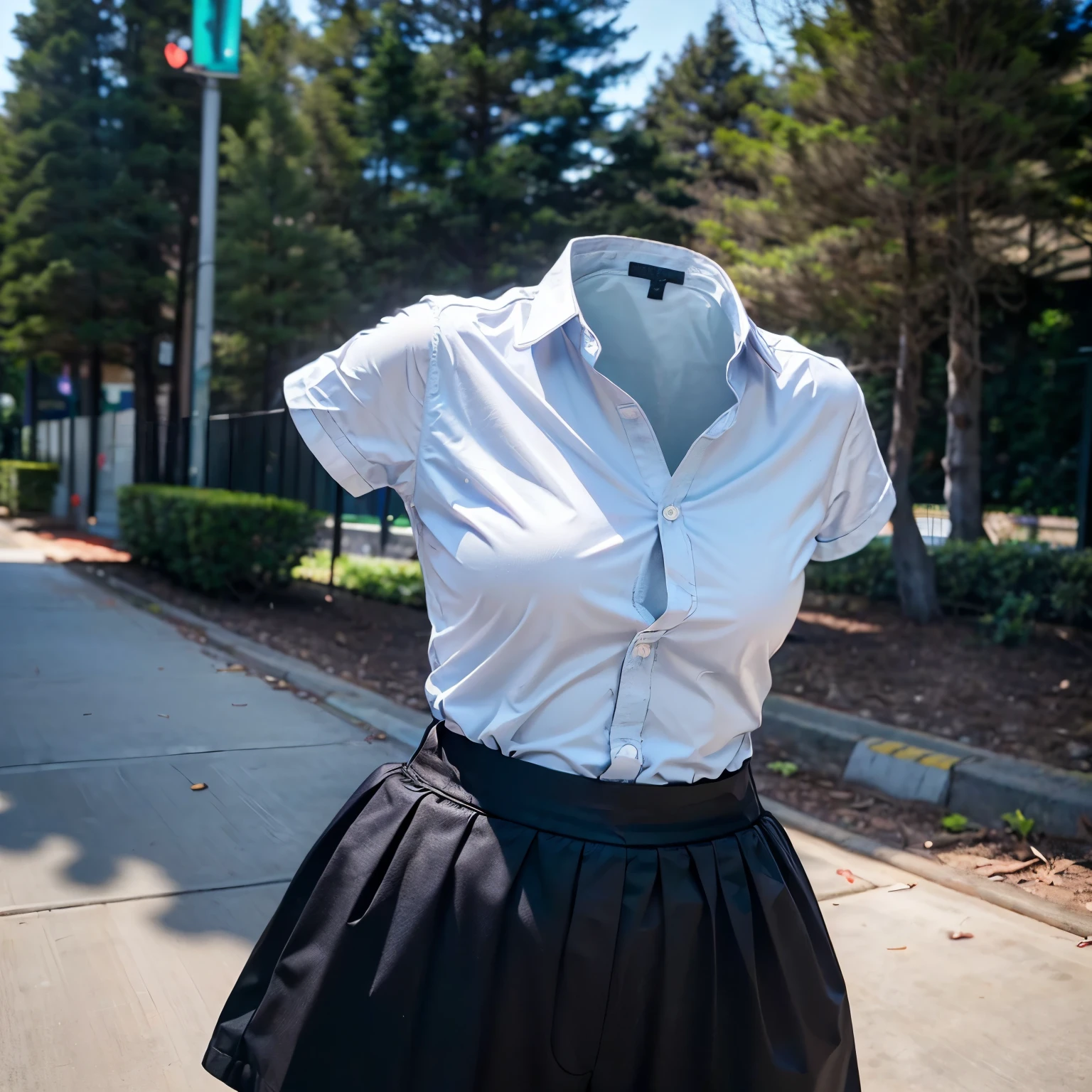 school blouse, plaid skirt, put hands on hip, cute big breasts, (invisible, no human, headless, handless:1.5), (8k, RAW photo, best quality, masterpiece:1.2), (realistic, photo-realistic:1.37), photon mapping, radiosity, ((Hasselblad photography)), physically-based rendering