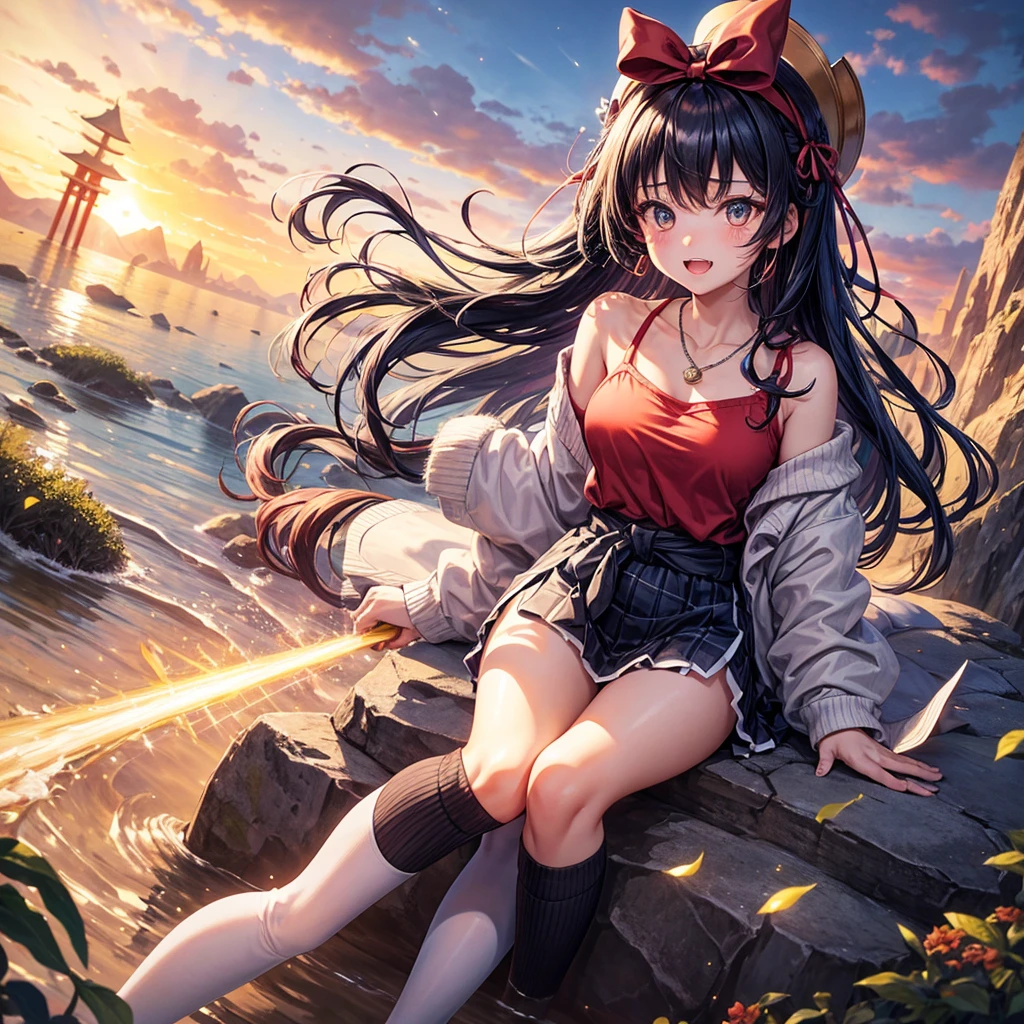 (masterpiece, best quality), 1girl, solo, Ookami Mio, Virgin Killer Sweater, Ponytail, Bare legs, shiny skin, shiny eyes, (Big eyes, cute face), Half body shot, looking towards viewers, (Park Background)