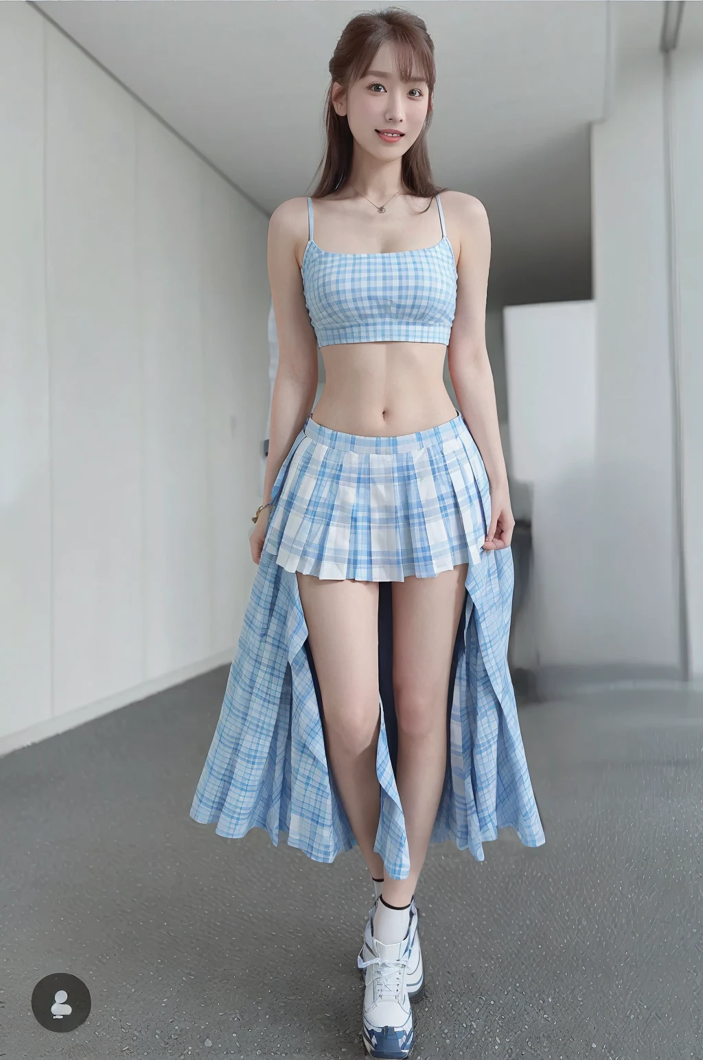 4 year old white female、Hair is brunette、Eye color is blue、Medium hair、Slender but well-proportioned muscular man、She is wearing an off-shoulder top with frilly frills.、She is wearing a low-rise pleated skirt.、Sanda