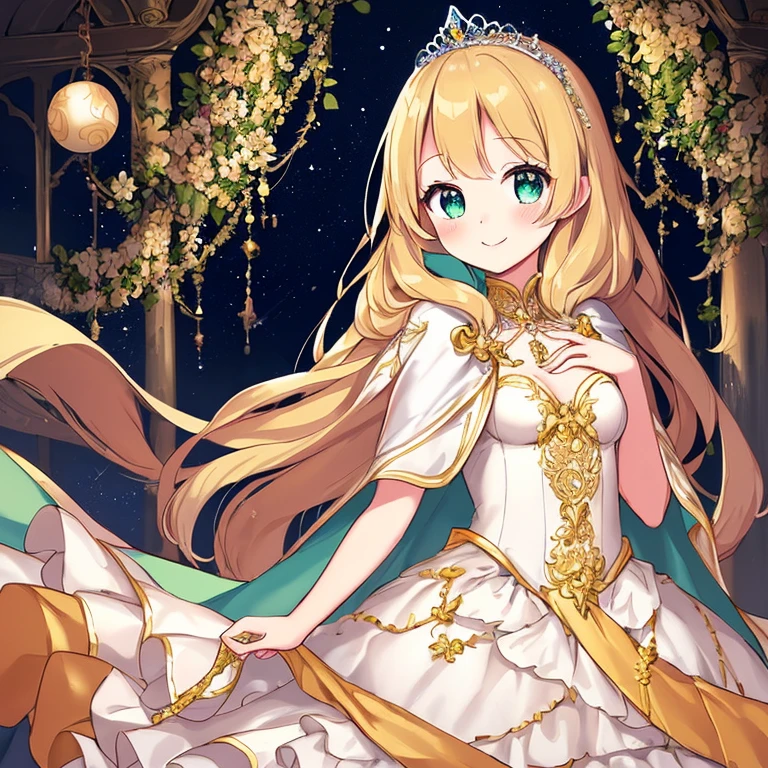 looking at viewer,(kawaii),(best quality),(ultra detailed), upper body,(rococo style),(long train pastel yellow cape:1.15), very long cape,(long train white ball gown with flower decorations:1.1), a girl is wearing a cape over her gown, 1 little princess, tiara, smile, very long hair, small breasts