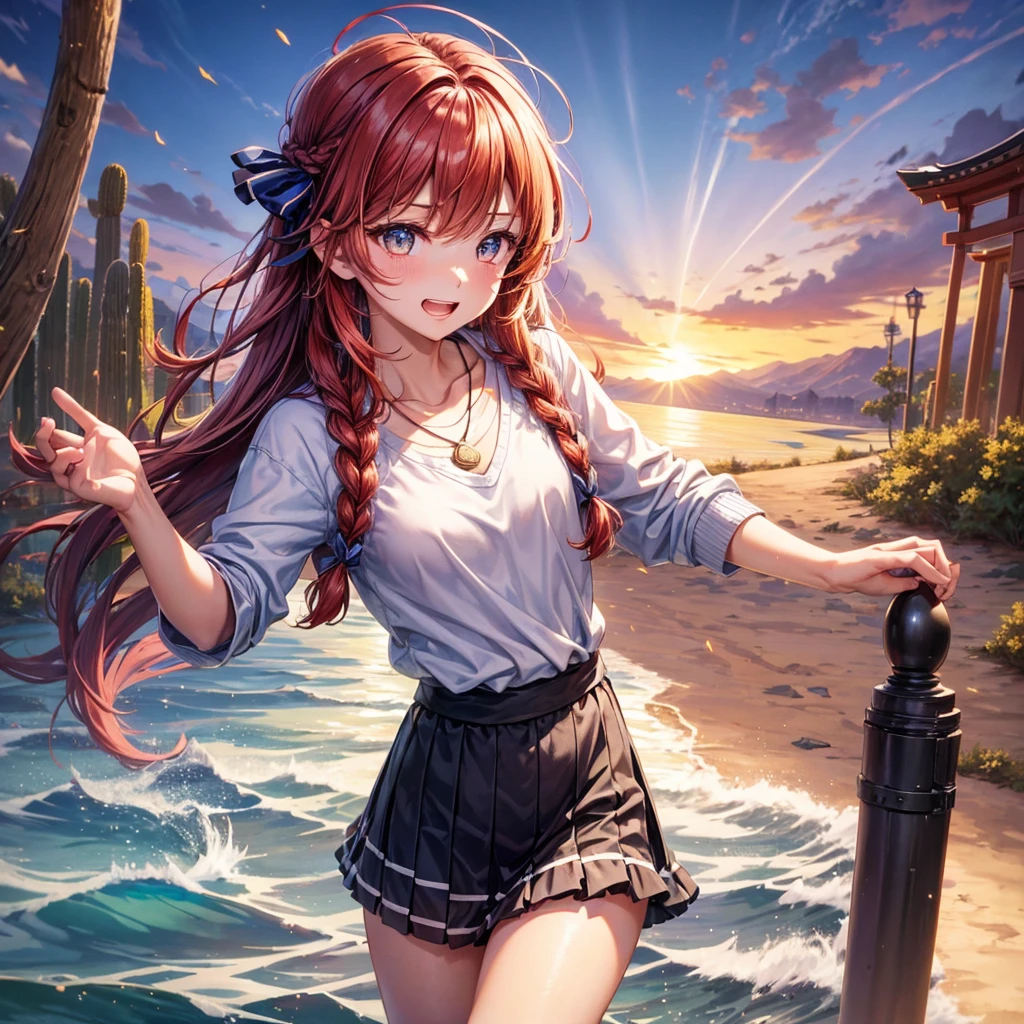 Red Blue Hair、Golden Eyes、Braid、One good looking girl、solo、anime、Checkered mini skirt、Ruffles on the skirt、Red T-shirt、camisole、cardigan、Black knee-high socks、Wearing a baseball cap、Wearing a ribbon、Ribbon on waist、Tilting face、Teeth are visible、Sunset sky、Piercing the clouds、Contrail、Cumulonimbus、Pillar of Light、Silver coin necklace、A world of light、shine、From above、bell、torii、Desert Oasis、water is gushing out、Wearing a name tag、Sparks are flying、Bowing