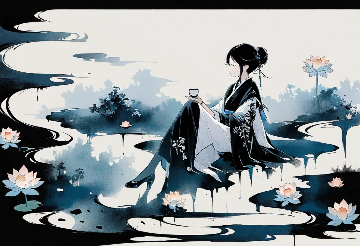 (大量留white:1.5),white, white色背景, simple, Minimalism, abstract,Freehand,Aesthetic,黑与white,Ink Painting,antiquity,Lotus,Girl drinking tea