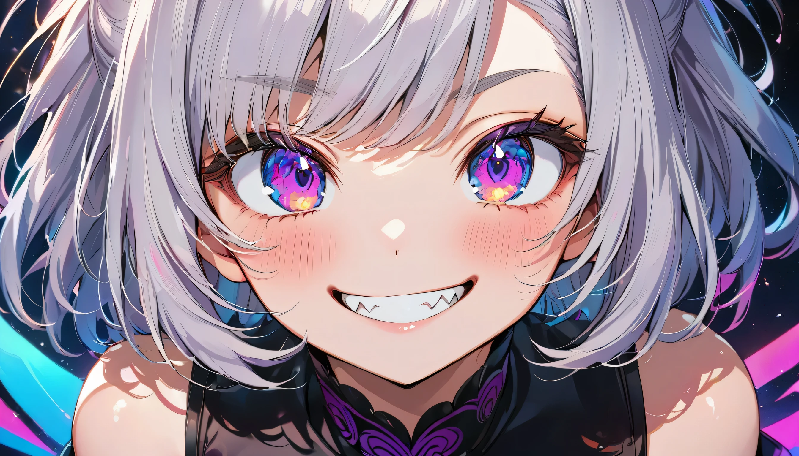 ((Masterpiece)), ((best quality)), (Anime:1.3), (super detail:1.2), (High Definition:1.3), (Professional Photography:1.3), (()), cute young Girl, Glossy unruly hair, (loose swept bangs), (silver ash hair), Bun Hair, medium hair, big eyes, (Eye bags:1.3), (Long eyelashes), colorful eyes, (evil smile and blush), Glossy lips, (jagged teeth), farewell, (whtie long Cheongsam), barearms, cute, (full body), (colorful:1.3), gothic makeup, (wearing headphone), Dance joyfully, pretty, glassland, neon-lit, pretty, Celtic, maniac, facing the camera, colorful petals dance around, starry night, from above,